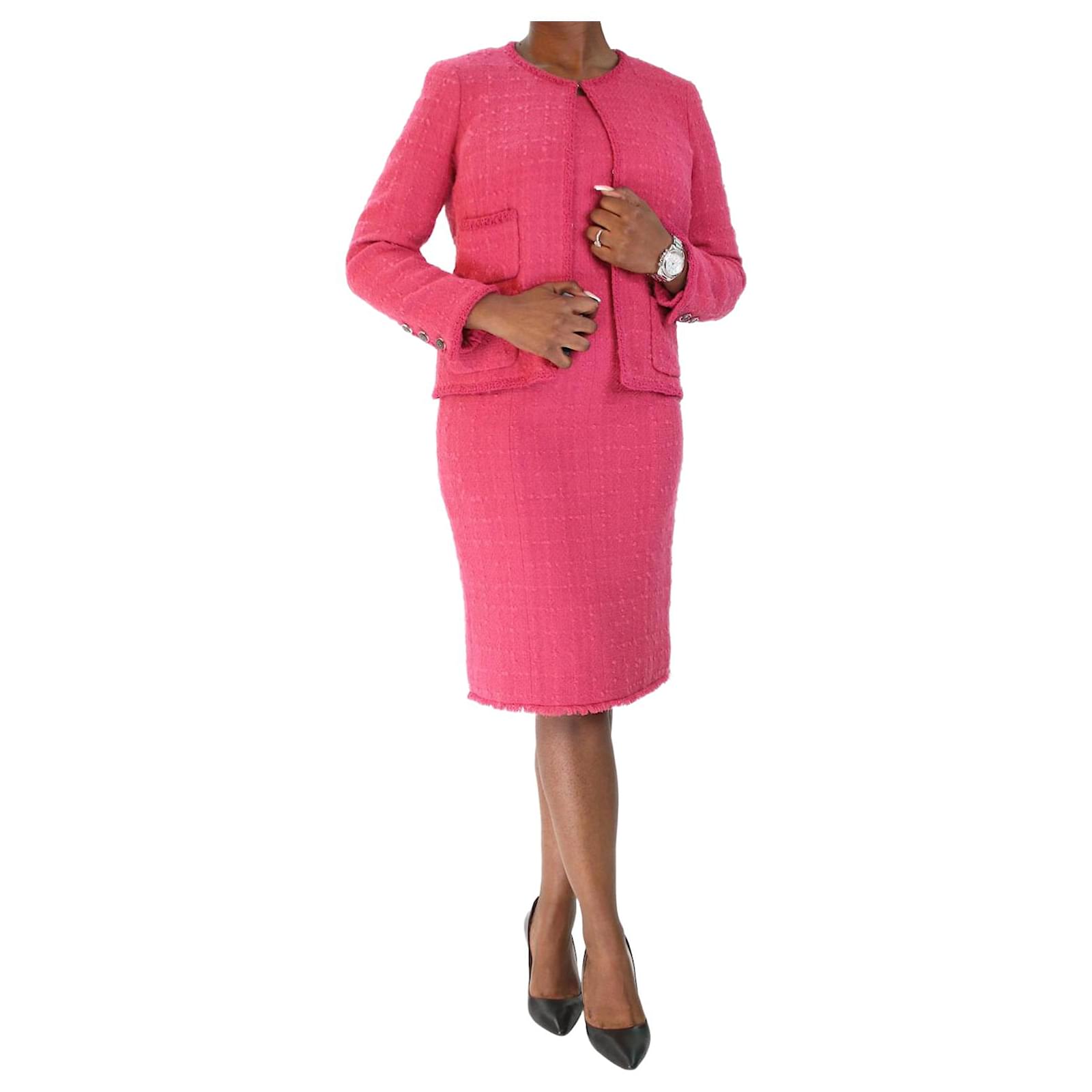 Tops Chanel Pink Wool Bobble Jacket and Sleeveless Dress Set - Size UK 14