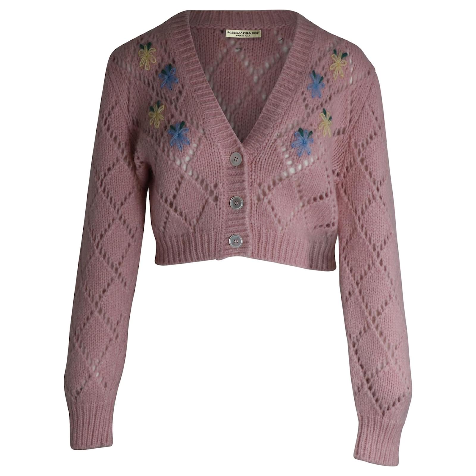 Alessandra Rich Floral Embroidered Pointelle Knit Cropped Cardigan