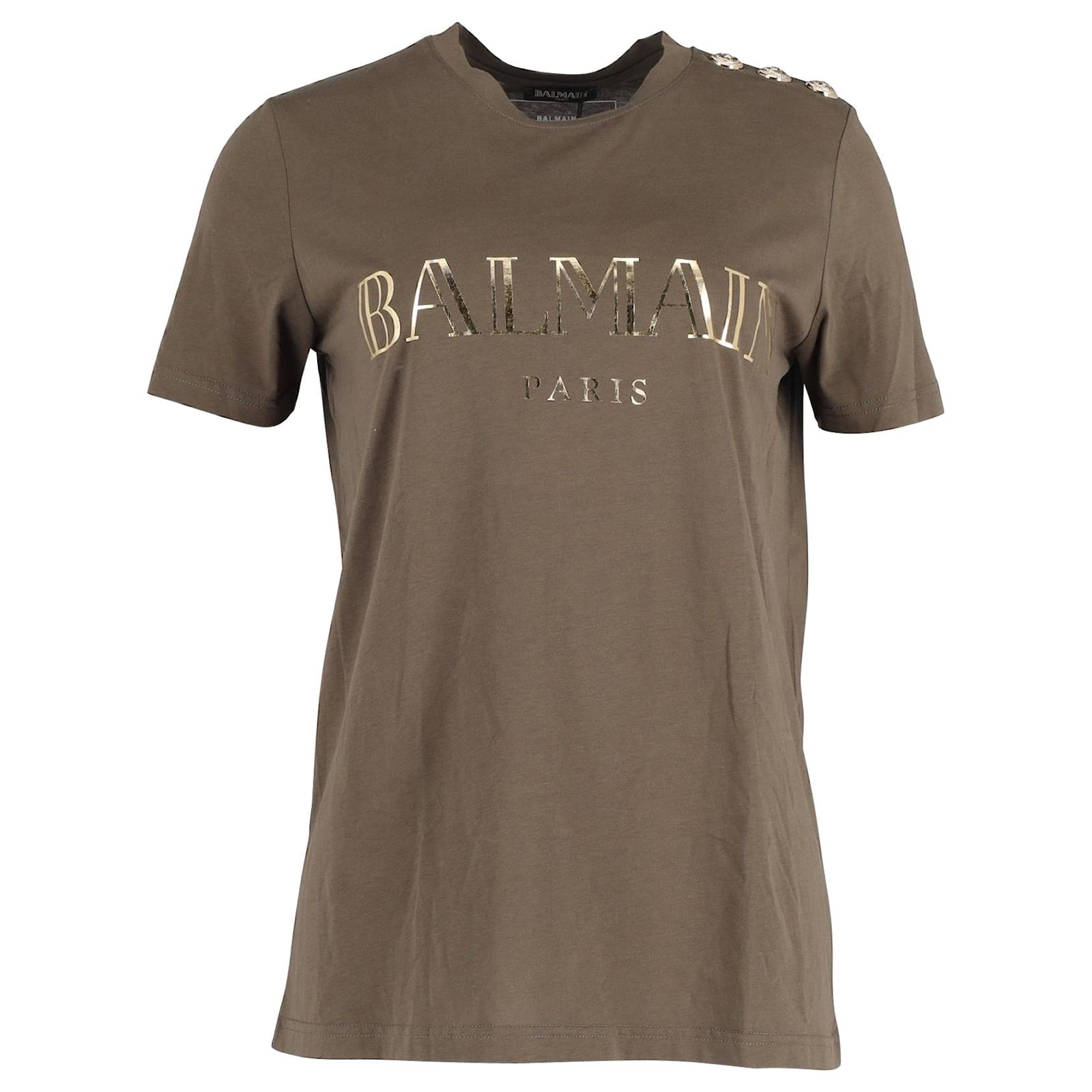 Også Simuler grus Balmain Metallic Logo T-shirt with Shoulder Gold Buttons in Khaki Cotton  Green ref.1014468 - Joli Closet