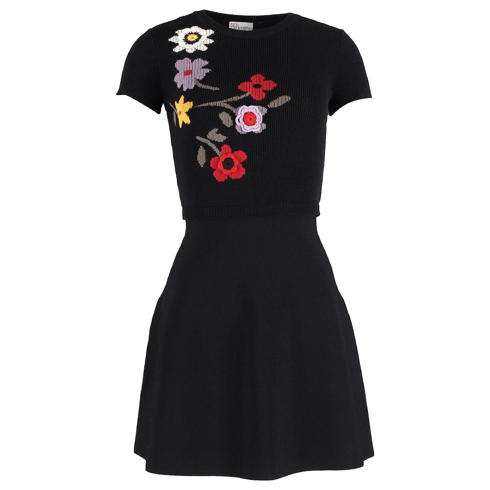 Red Valentino Floral Intarsia and Crochet Detail Knit Mini Dress