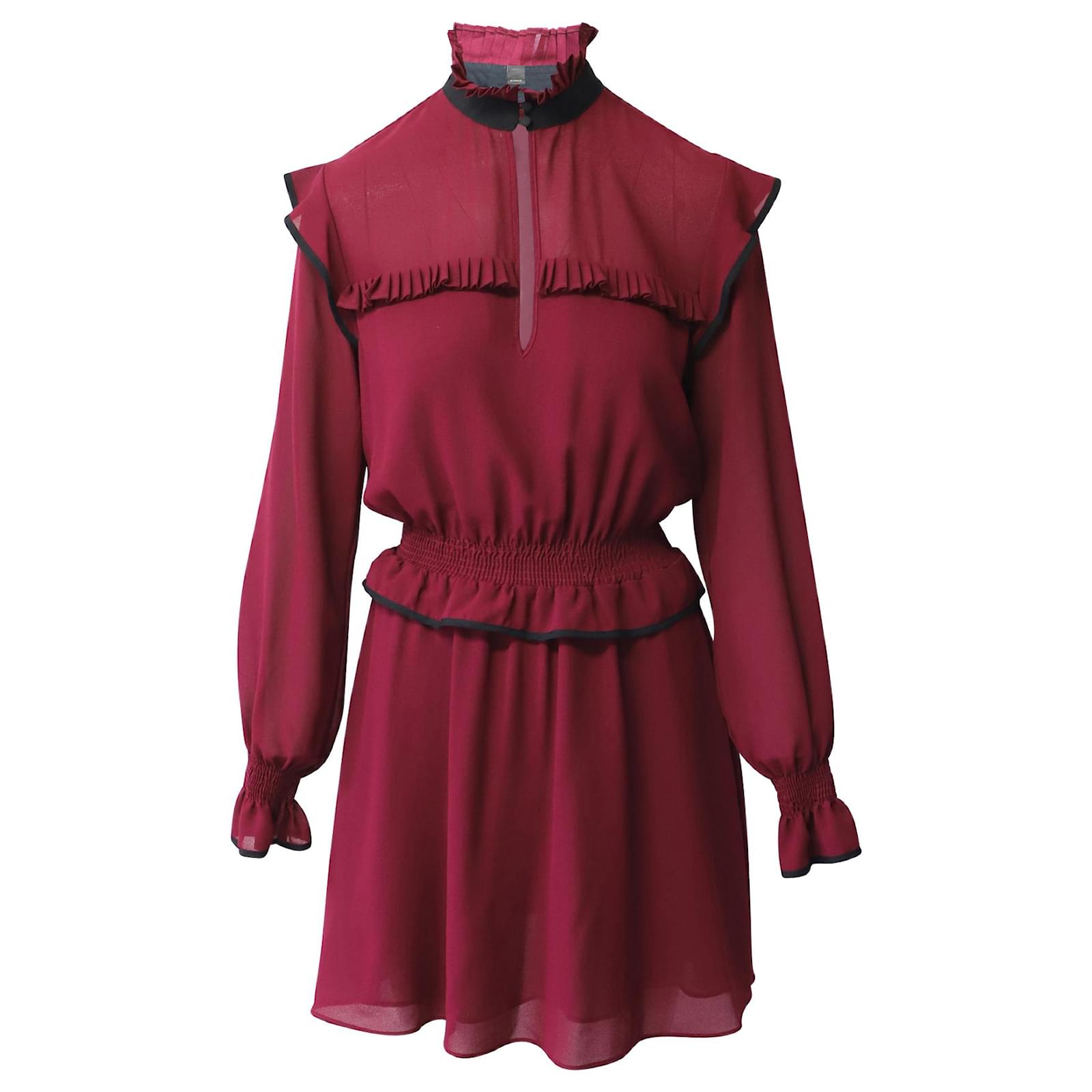Pinko Pleated High Collar Dress in Burgundy Polyester Purple