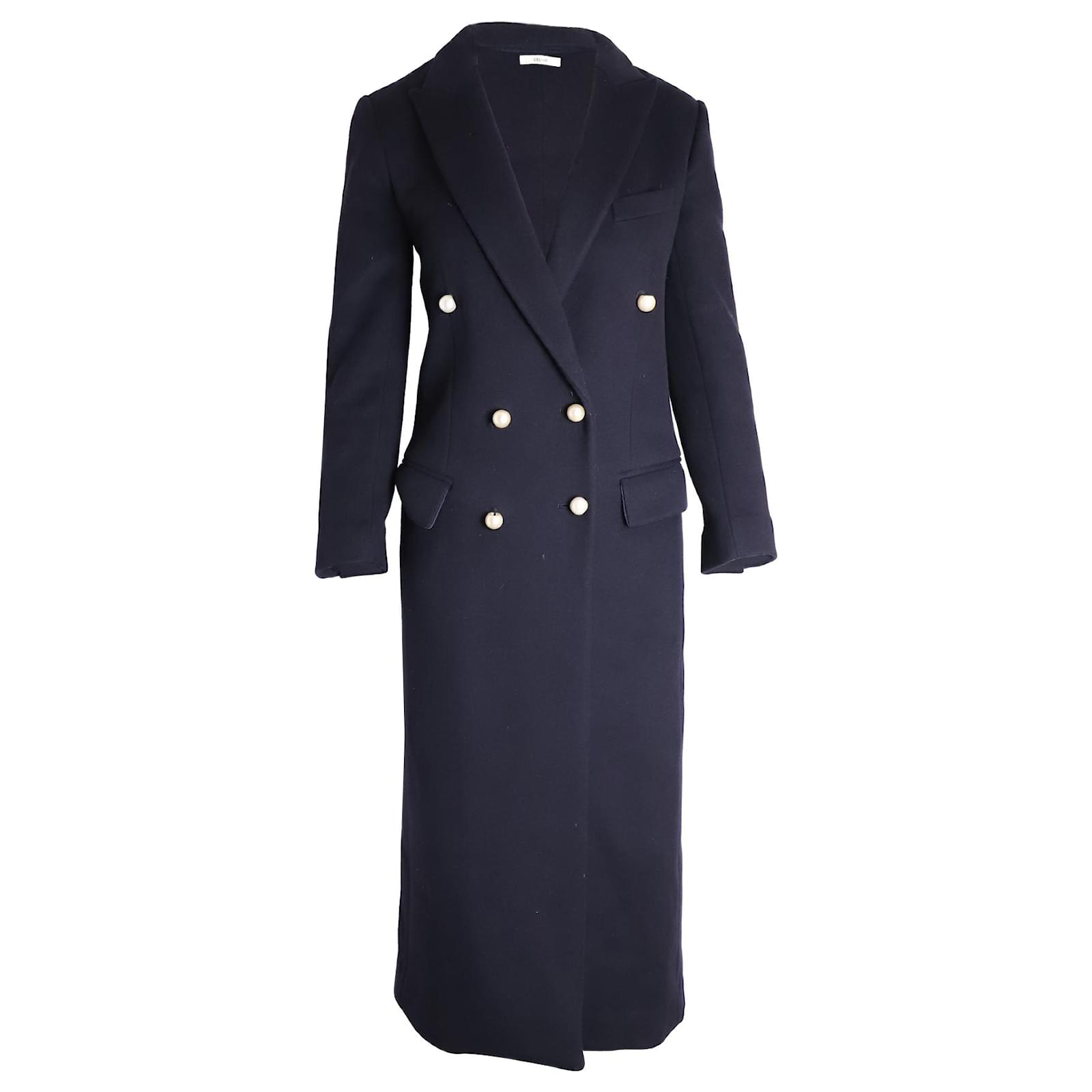 Céline Celine Double-Breasted Long Coat in Navy Blue Lana Vergine