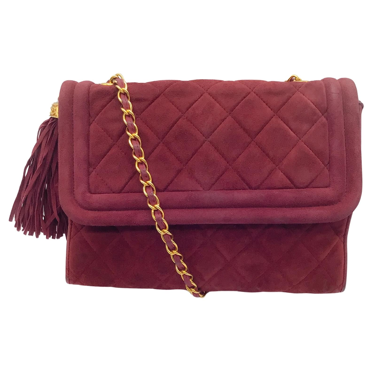 Handbags Chanel Chanel Vintage Burgundy / Gold Tassel Detail Quilted Suede Leather Handbag