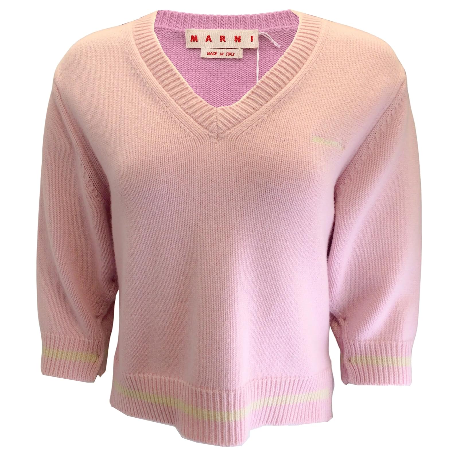 Marni Pink 2022 Logo Embroidered V-Neck Wool Knit Sweater ref