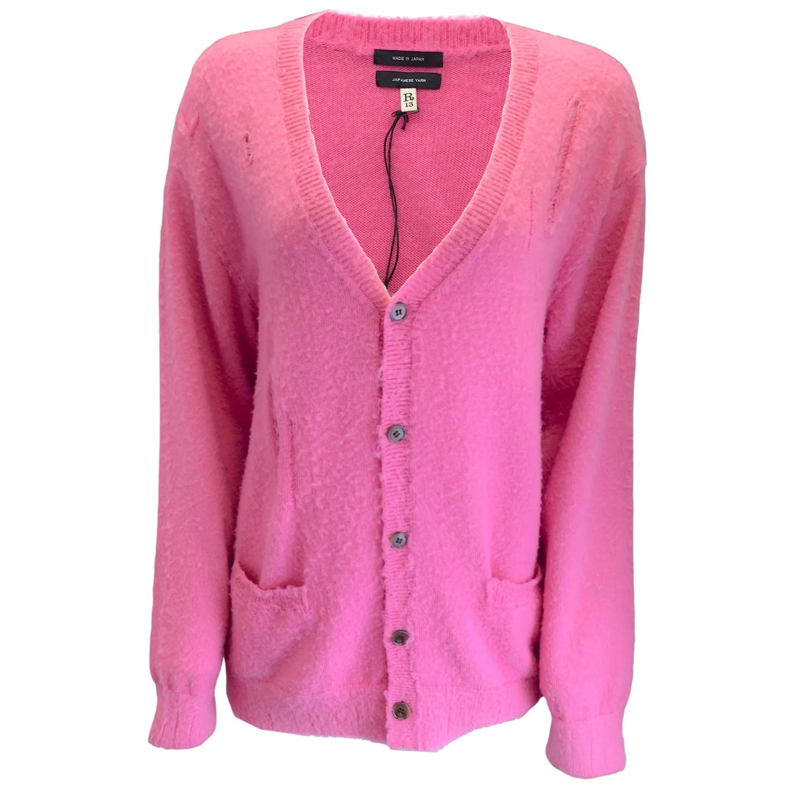 R13 Pink Shaggy Oversized Distressed Edge Cardigan Sweater Wool