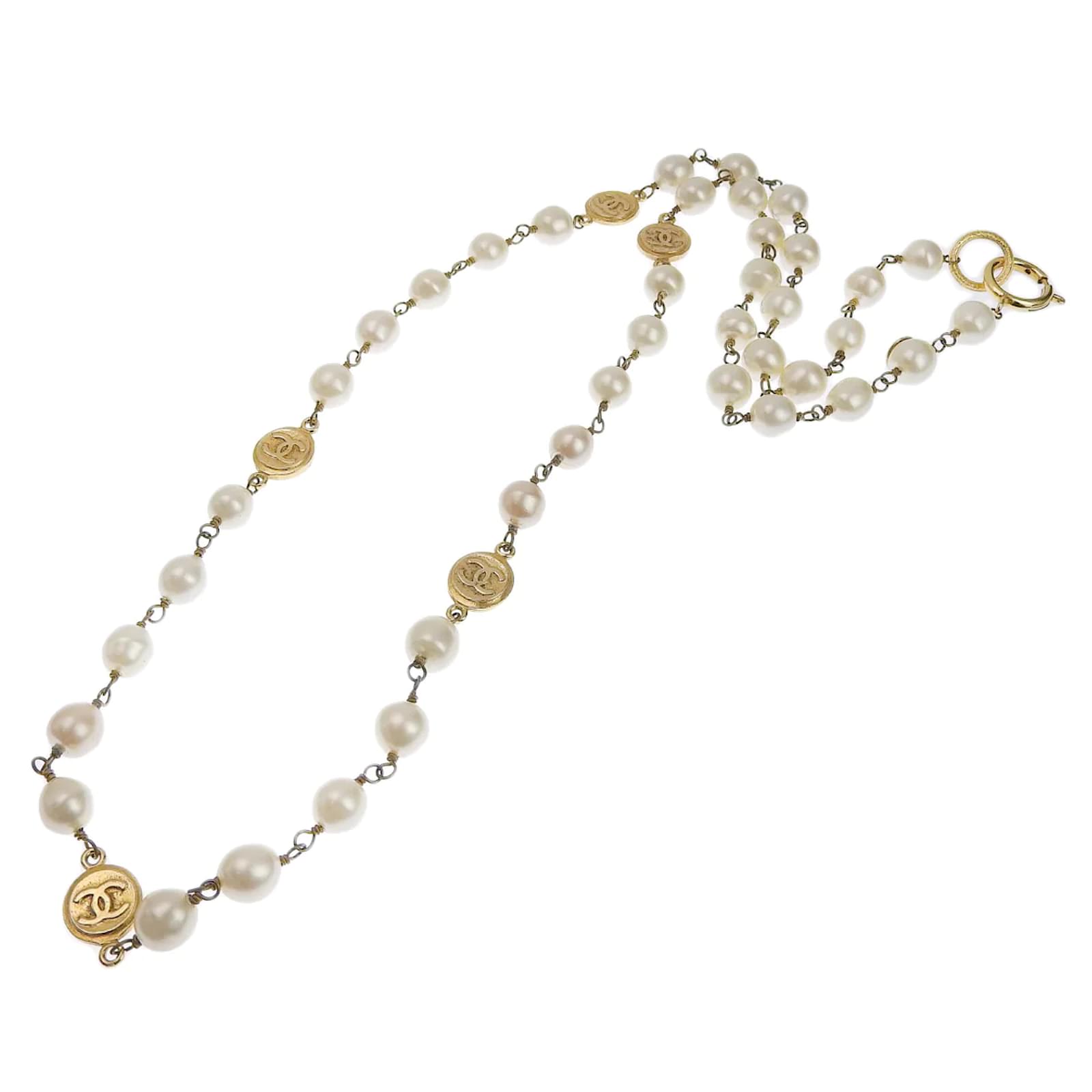 Chanel CC Faux Pearl Long Necklace White Metal ref.1016491 - Joli