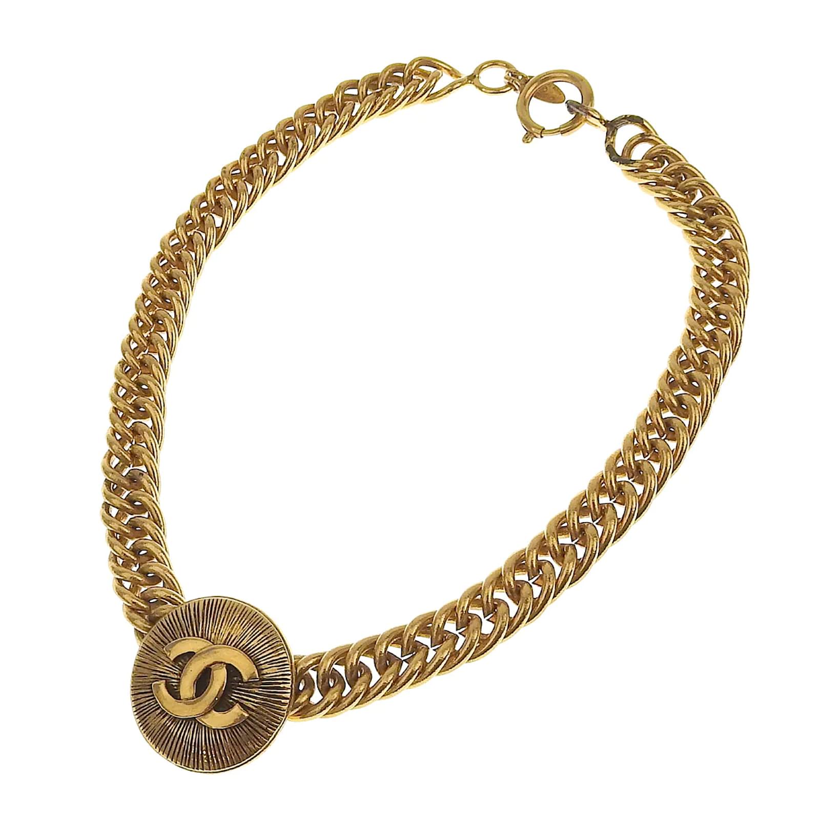 CHANEL Resin CC Medallion Choker Chain Necklace Gold Ivory 525004