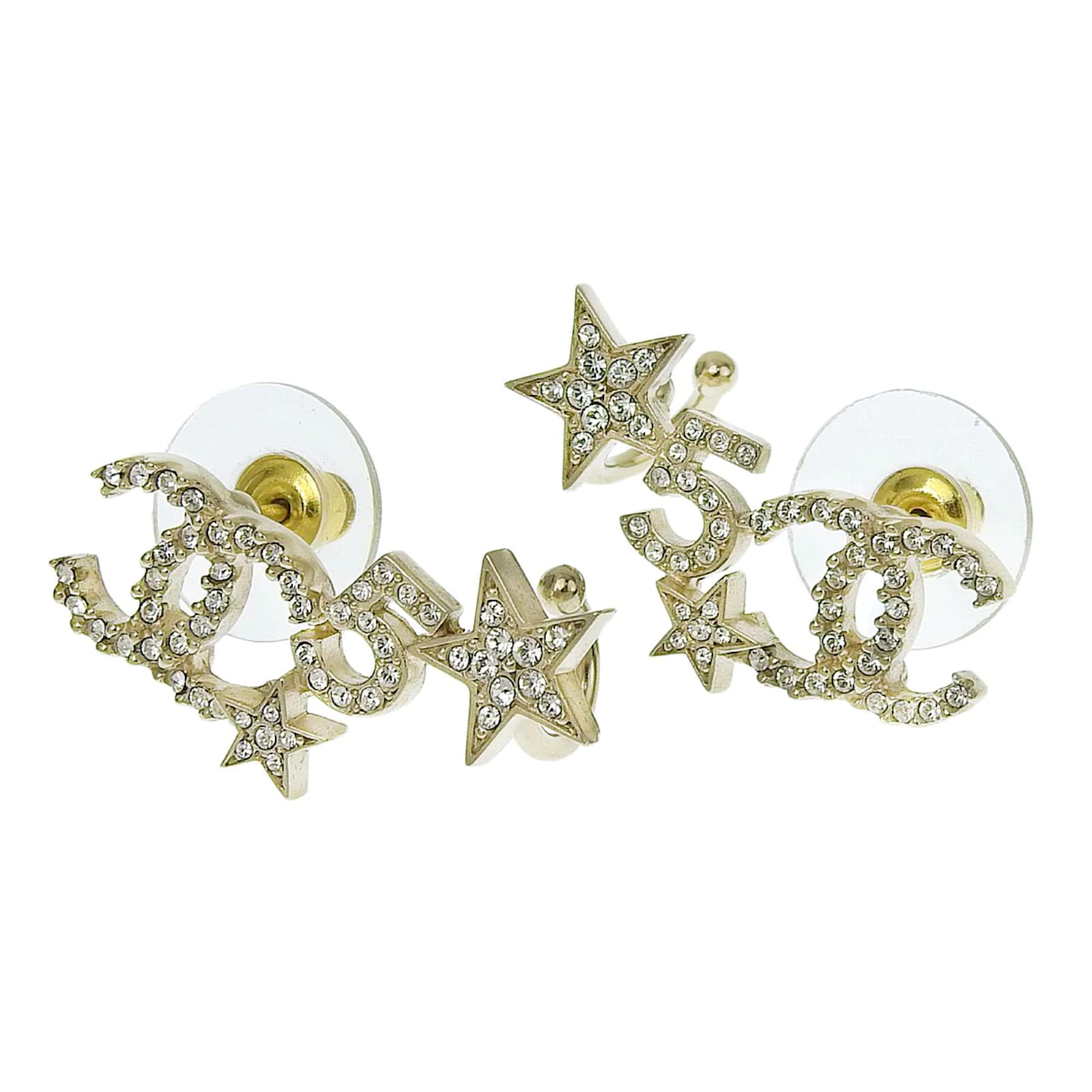 Chanel CC No.5 Star Rhinestone Earrings Golden Metal ref