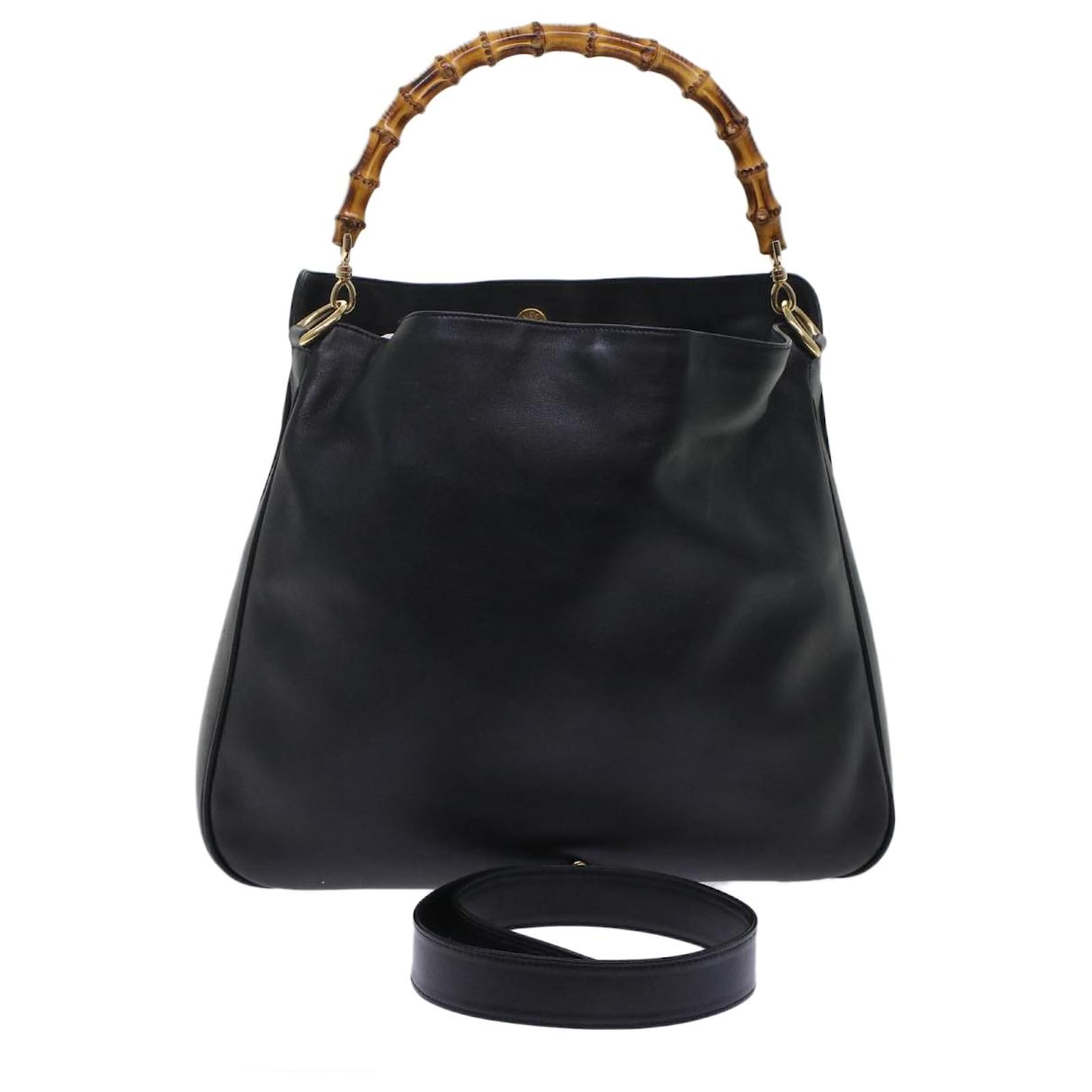 GUCCI Bamboo Shoulder Bag Leather 2way Black 001.2058.1577.0 Auth