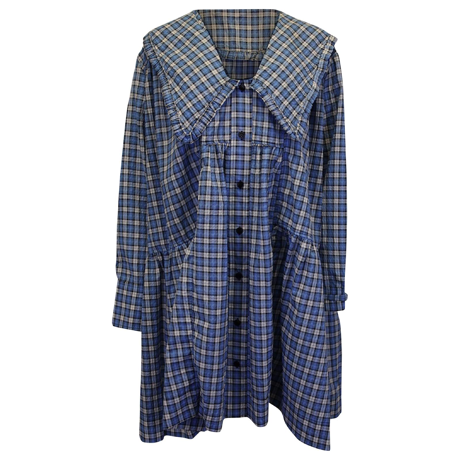 blue dress for baby girl Ganni Seersucker Blue Check Cotton-Blend Shirred Midi Dress
