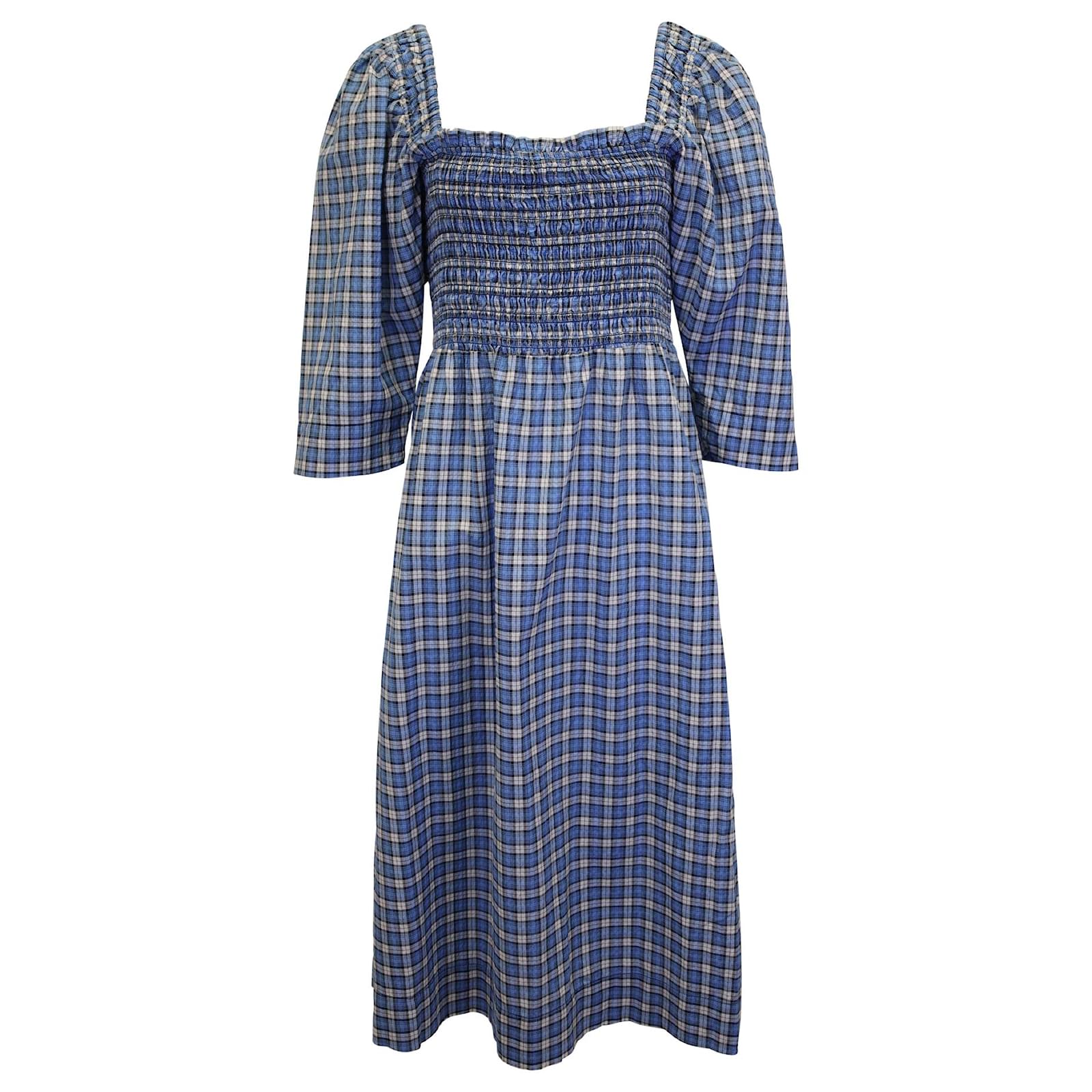 ganni blue plaid dress Ganni Plaid Stretch-Seersucker Midi Dress
