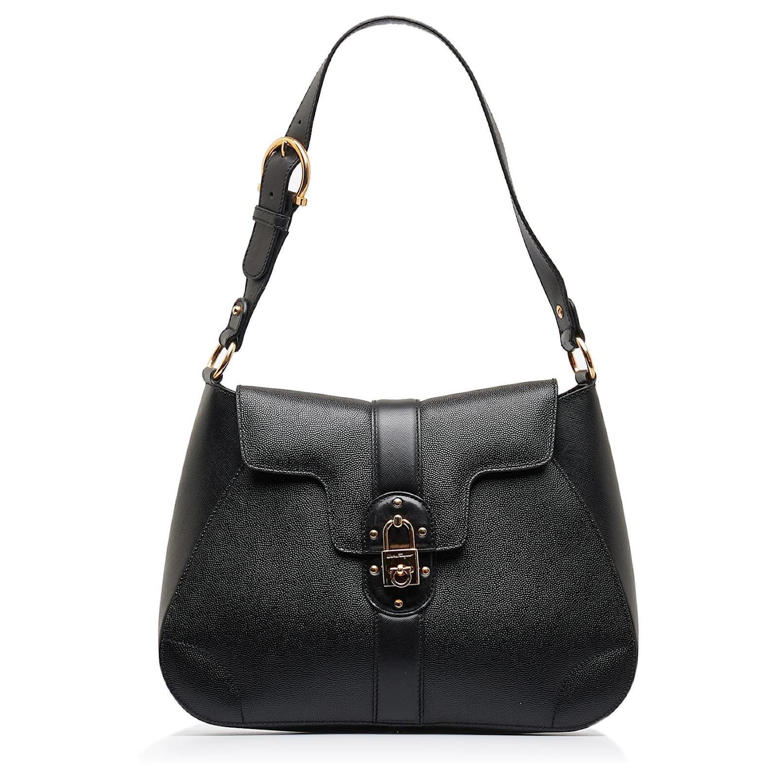 Ferragamo Black Smooth Calfskin Gancini Chain Shoulder Bag