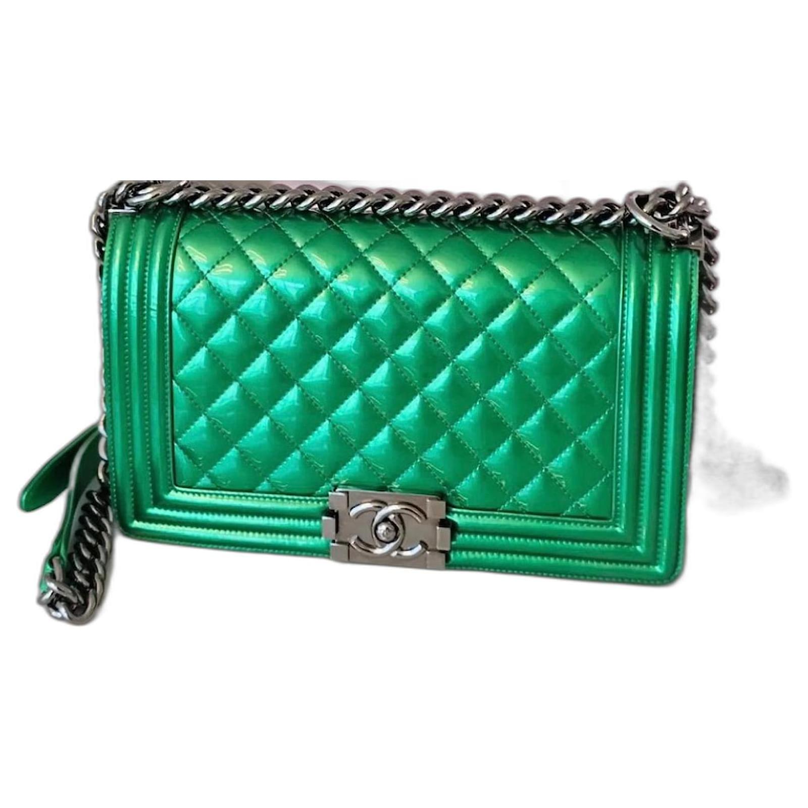 Handbags Chanel Chanel Metallic Green Quilted Leather Medium Boy Flap Bag with Shiny Silver Hardware
