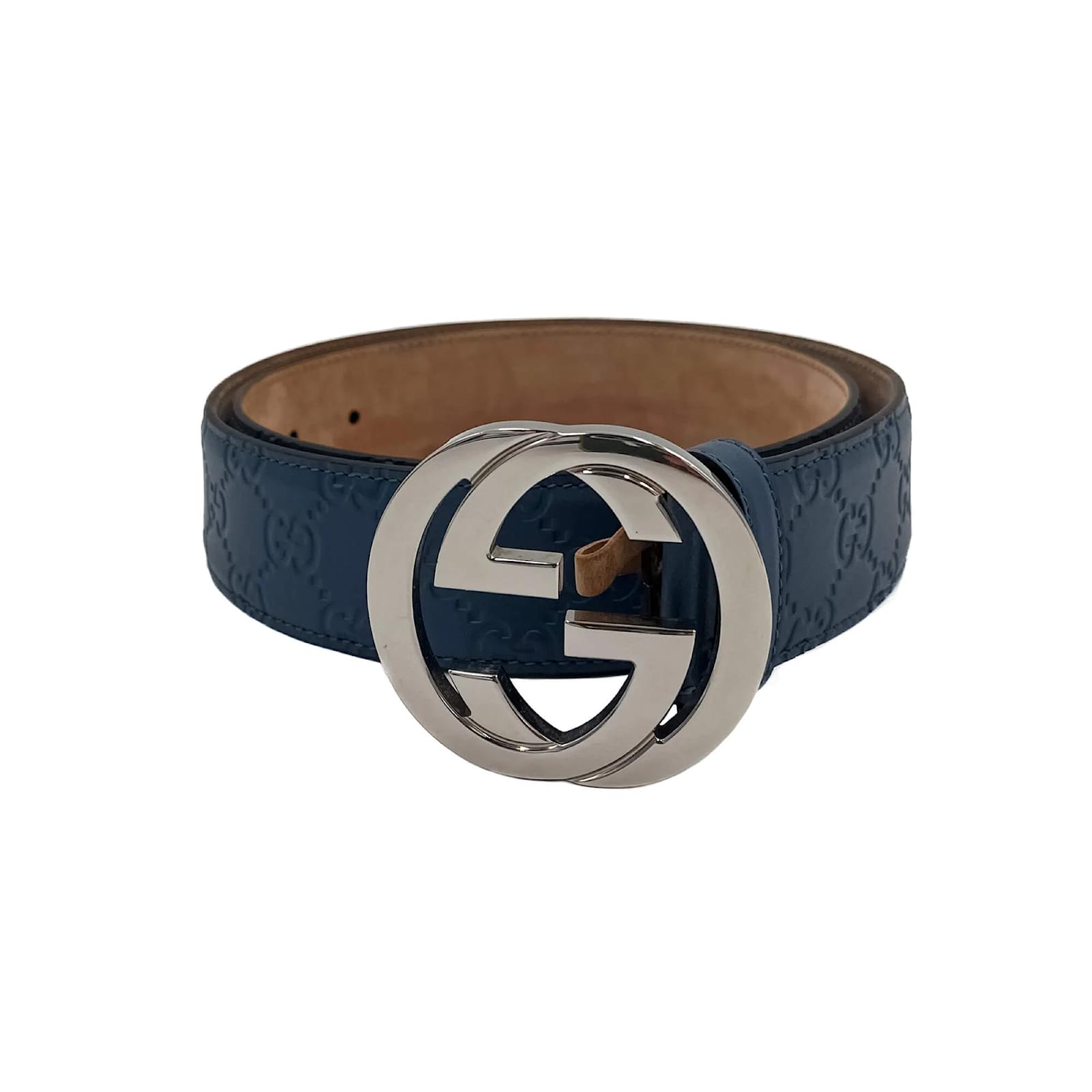 Gucci Leather Belt Interlocking G Matte Black Buckle Navy Blue in