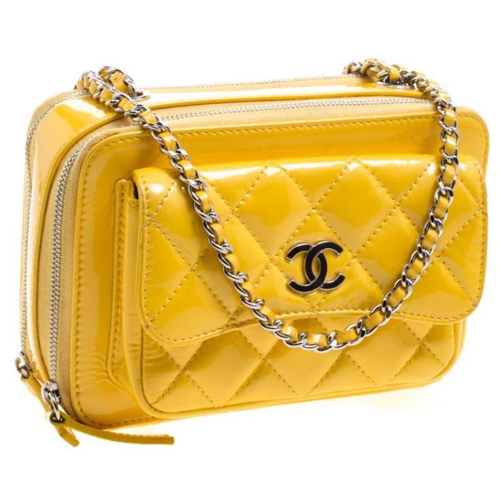 Chanel Mini Pocket Box Bag in Yellow Quilted Patent Leather with Silver  Hardware