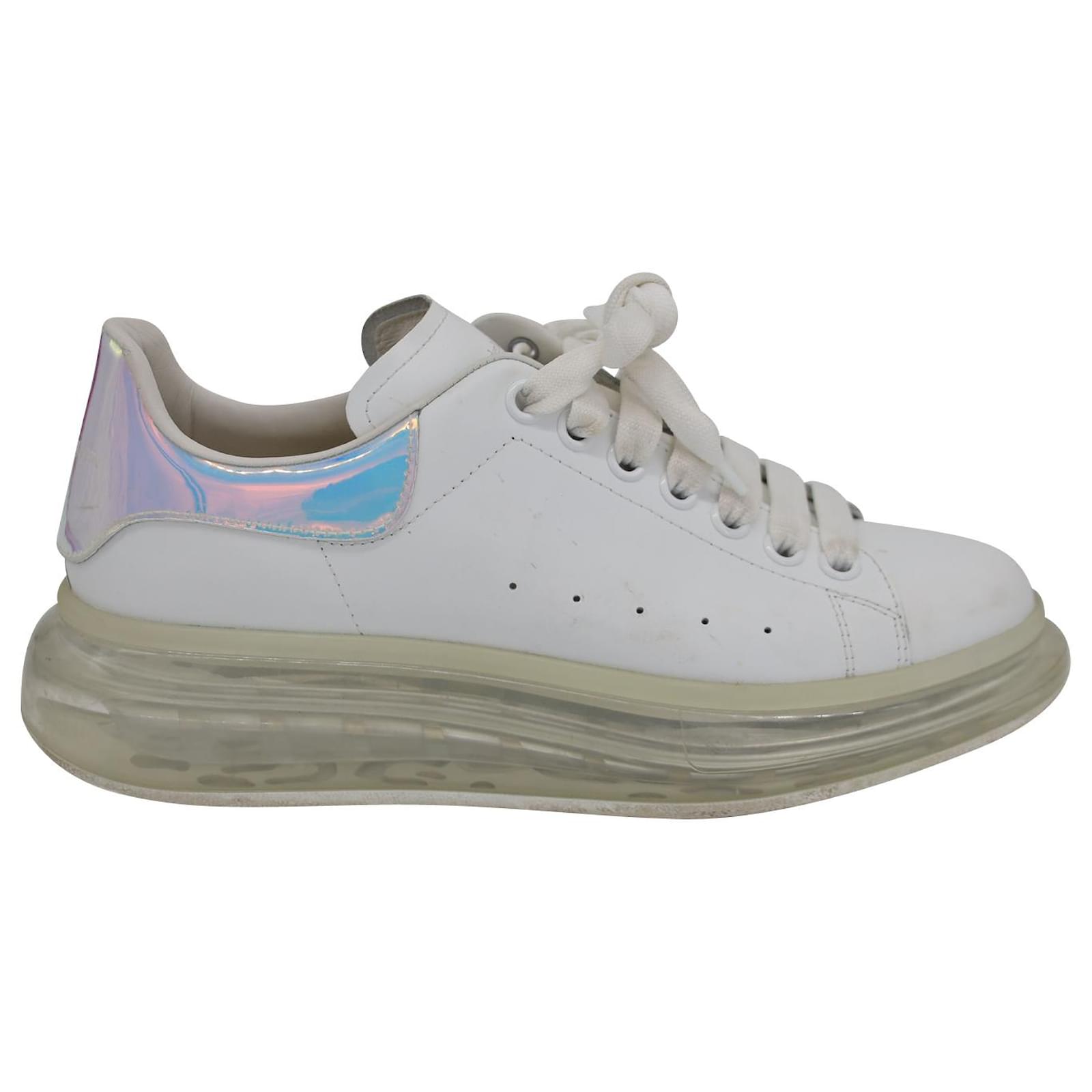 alexander mcqueen larry clear sole iridescent oversized sneakers in white calfskin leather tops
