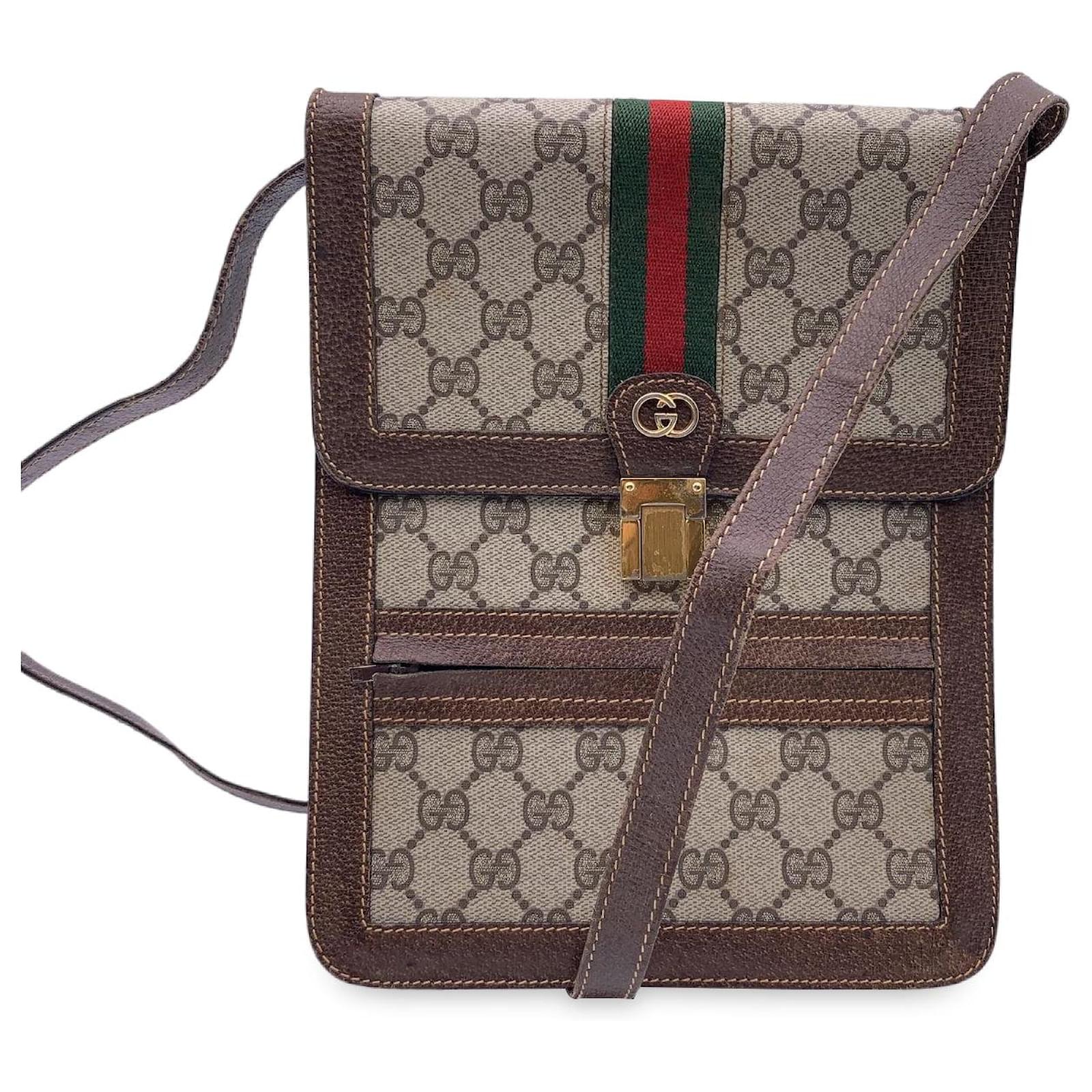 Gucci Vintage Brown GG Logo Monogram Fabric Leather Portfolio