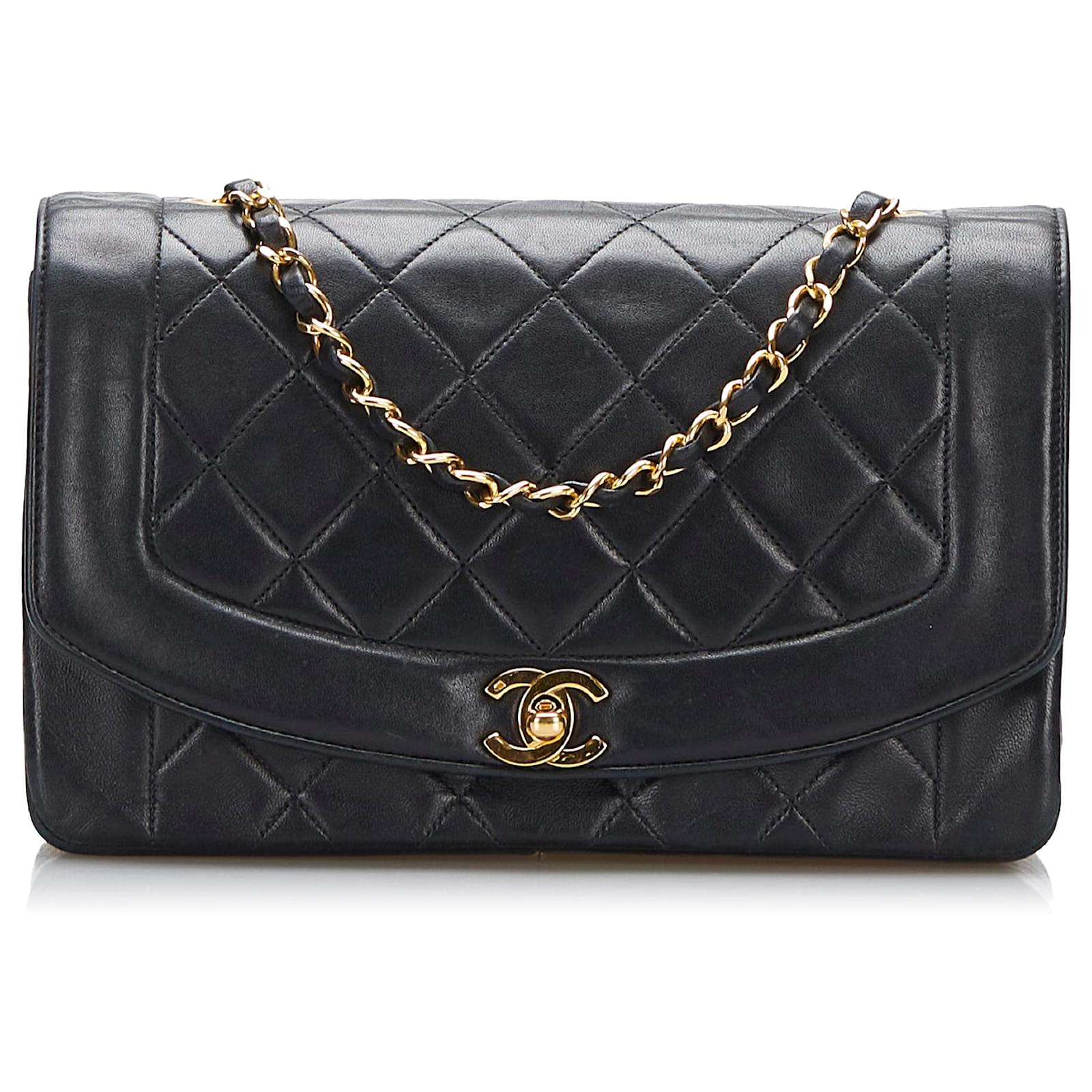 Diana Chanel Black Medium Classic Lambskin Double Flap Bag Leather