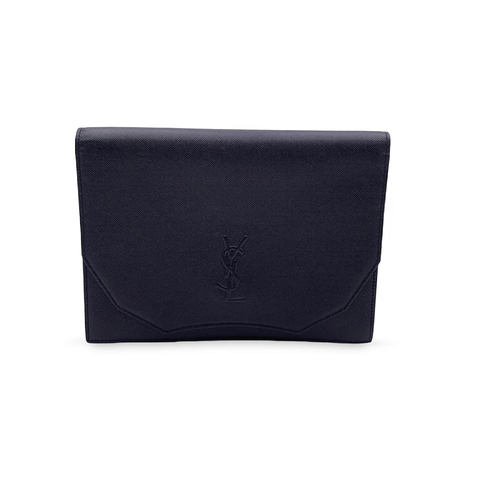 Ysl Yves Saint Laurent Logo Leather Full-Zip Wallet Black Pochette