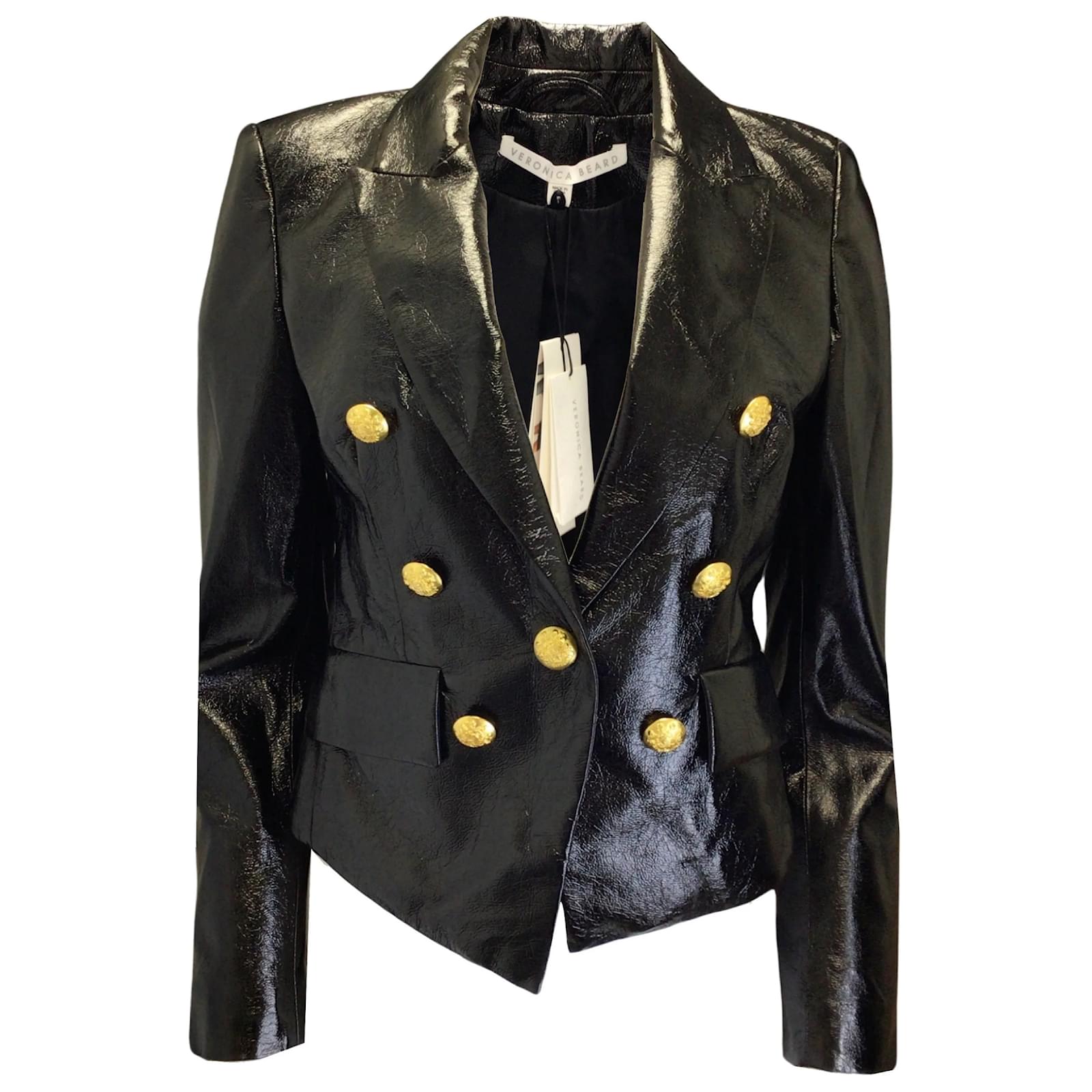 Veronica Beard Black Cooke Vegan Patent Leather Dickey Jacket Polyester ...