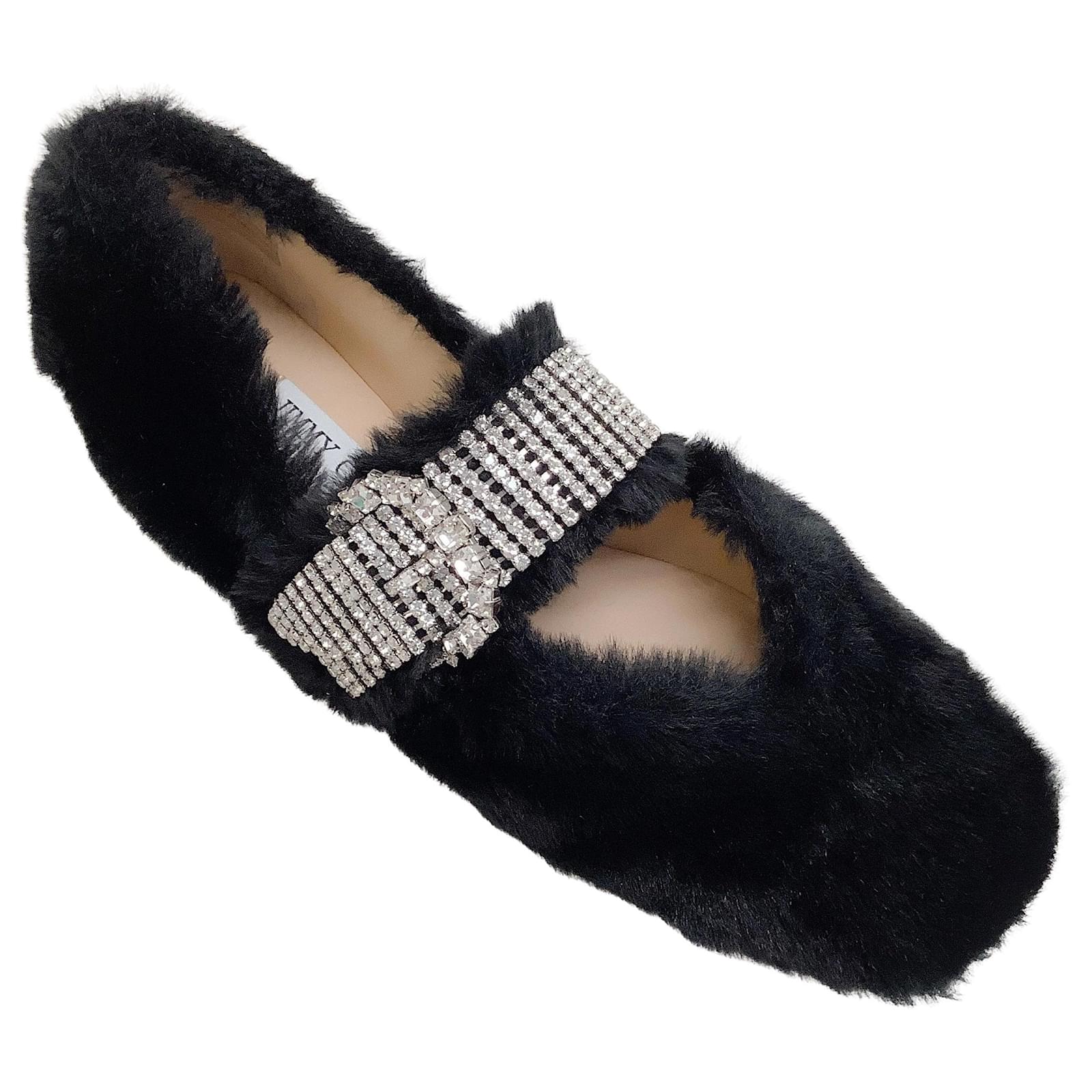 Jimmy Choo Black Faux Fur Krista Flats with Crystal Embellishments
