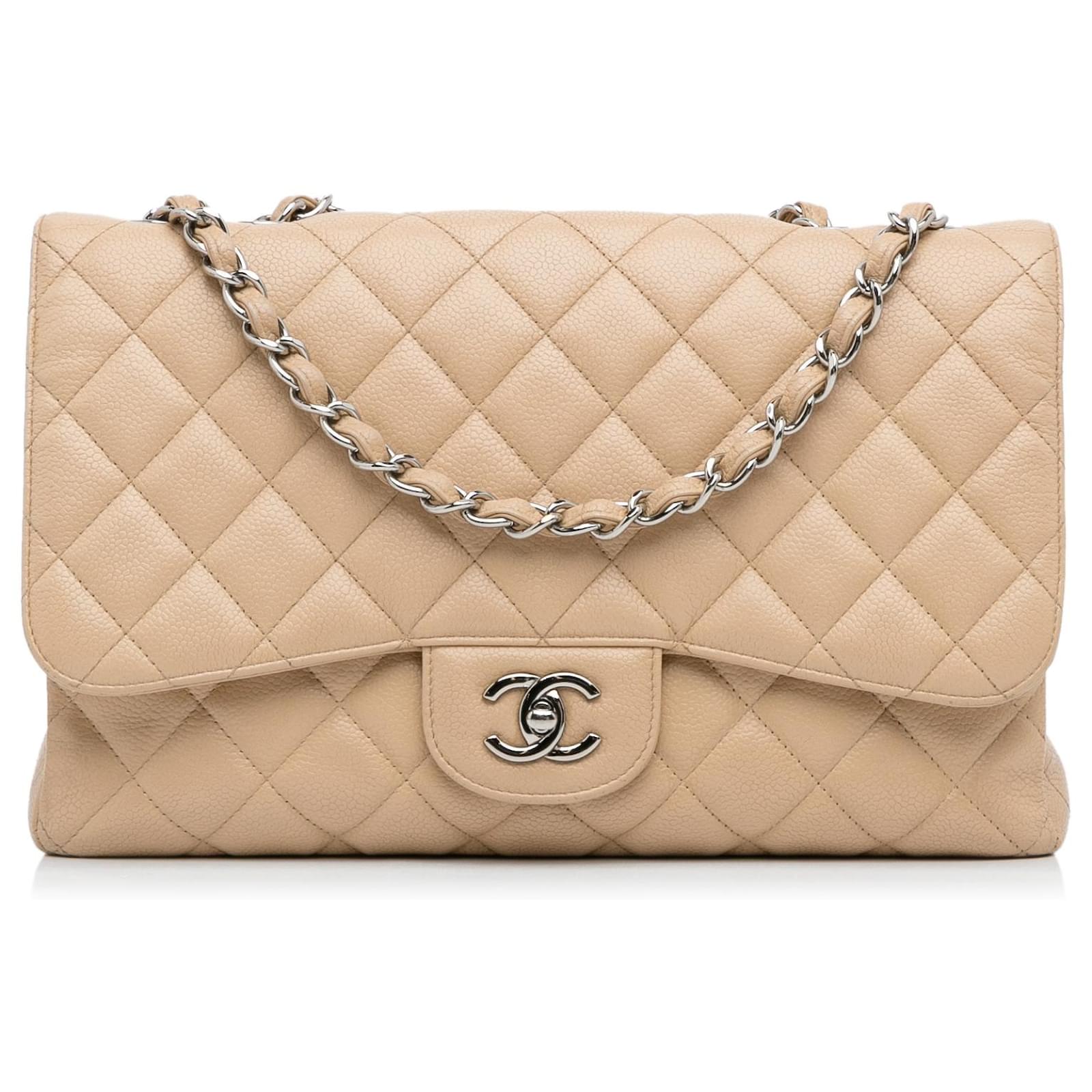 Chanel Brown Jumbo Classic Caviar Single Flap Bag Beige Leather