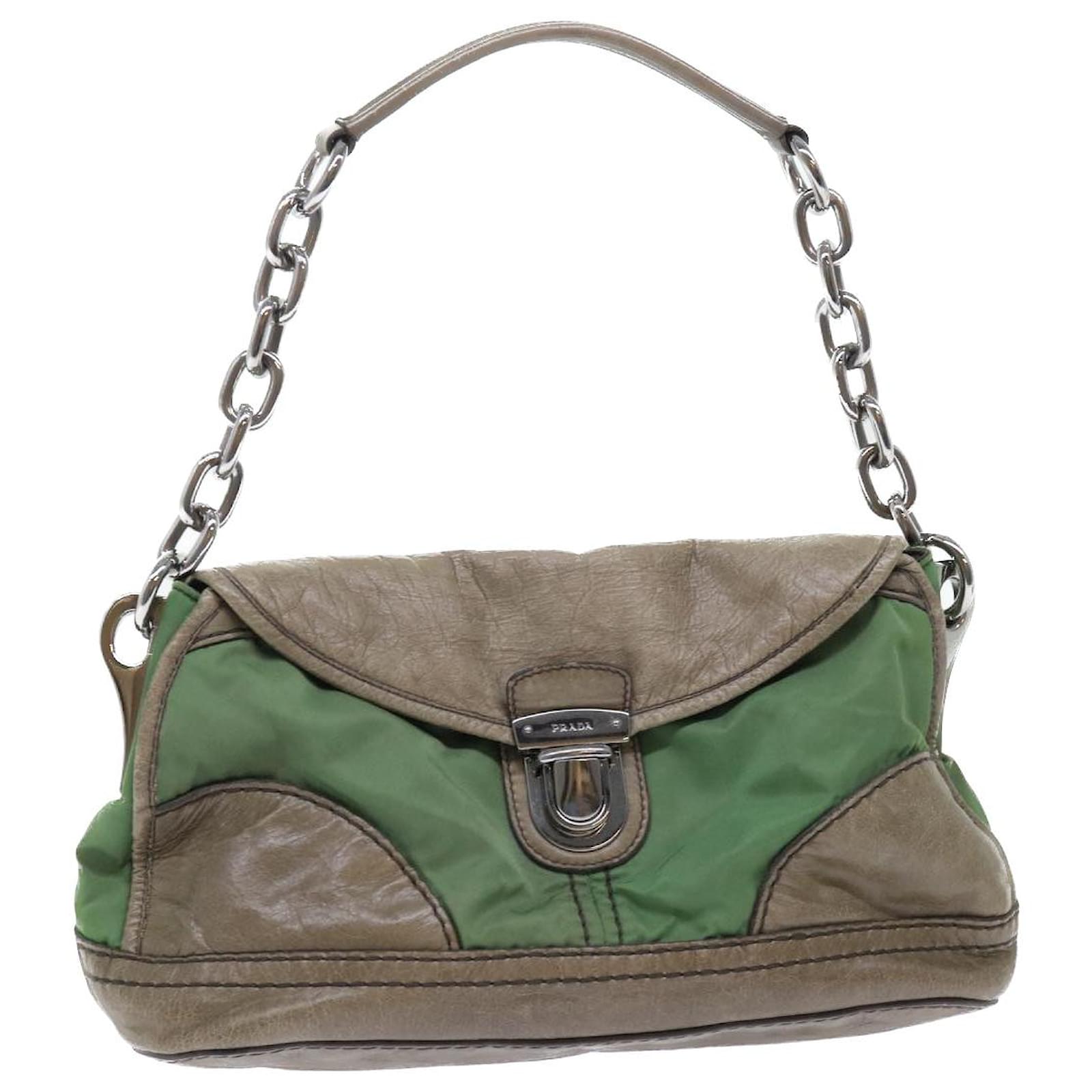 Auth PRADA Logo Nylon Leather Chain Shoulder Bag Light Green