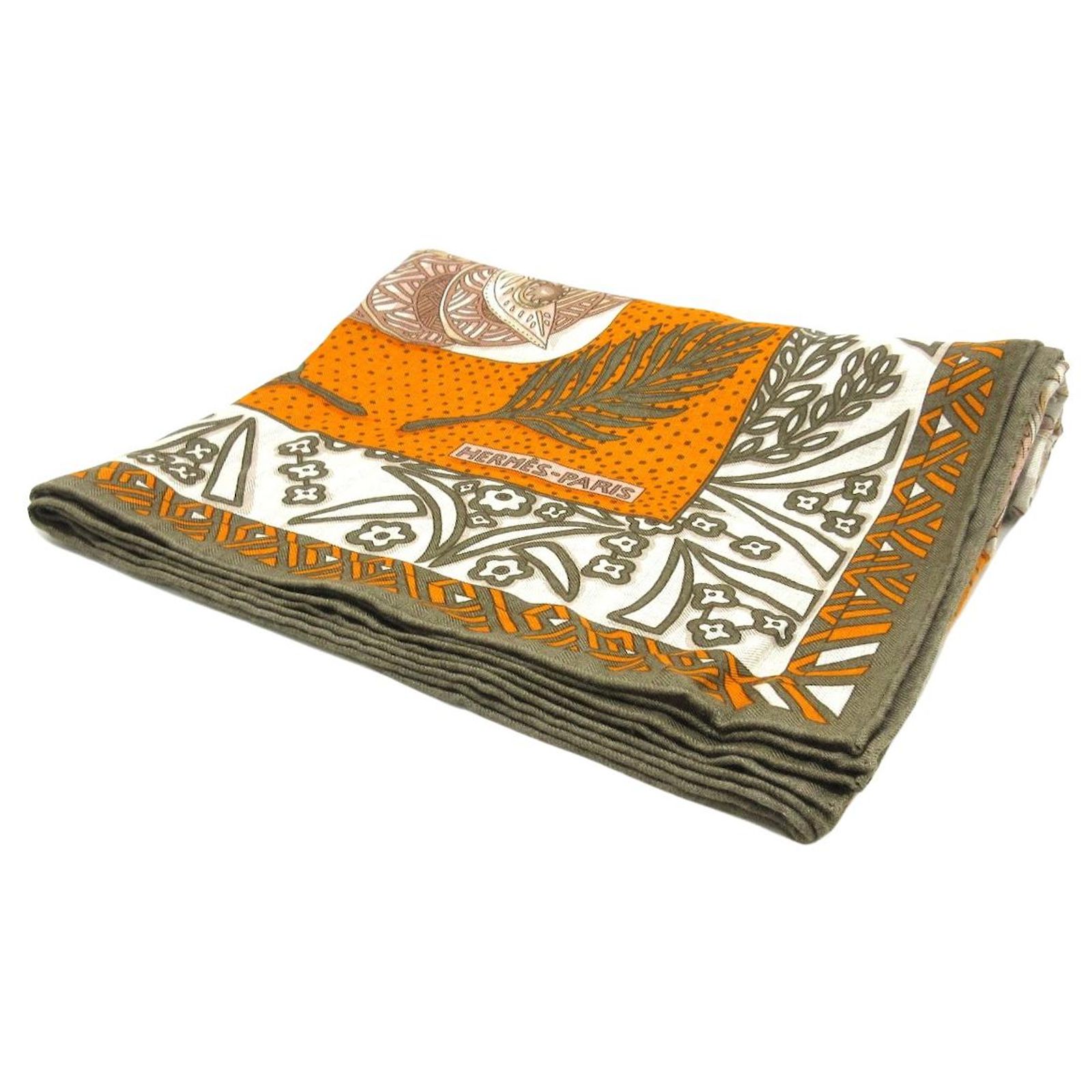 Foulard Hermès Carré 140 En Soie Et Cachemire - Motifs Marron Et Orange - Occasion