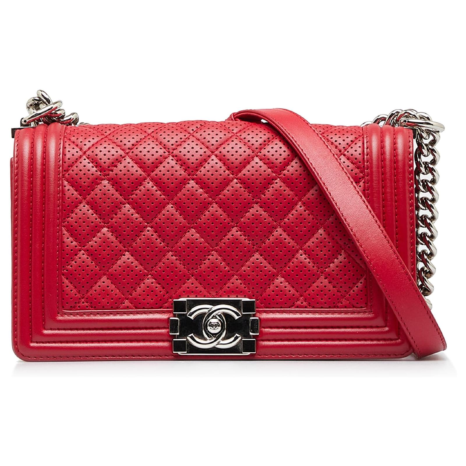 Chanel Women Top Handle Flap Card Holder Quilted Leather Chain Shoulder Bag Red