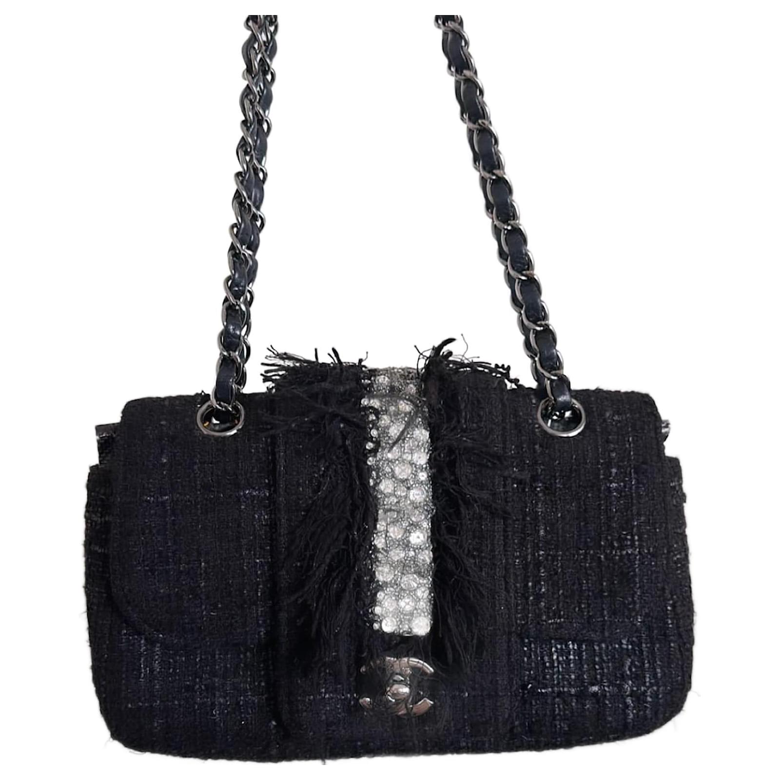 Timeless Chanel black tweed, crystals Swarovski strass, feathers fringe  small/medium limited edition 2005 Classic flap bag ref.1030597 - Joli Closet
