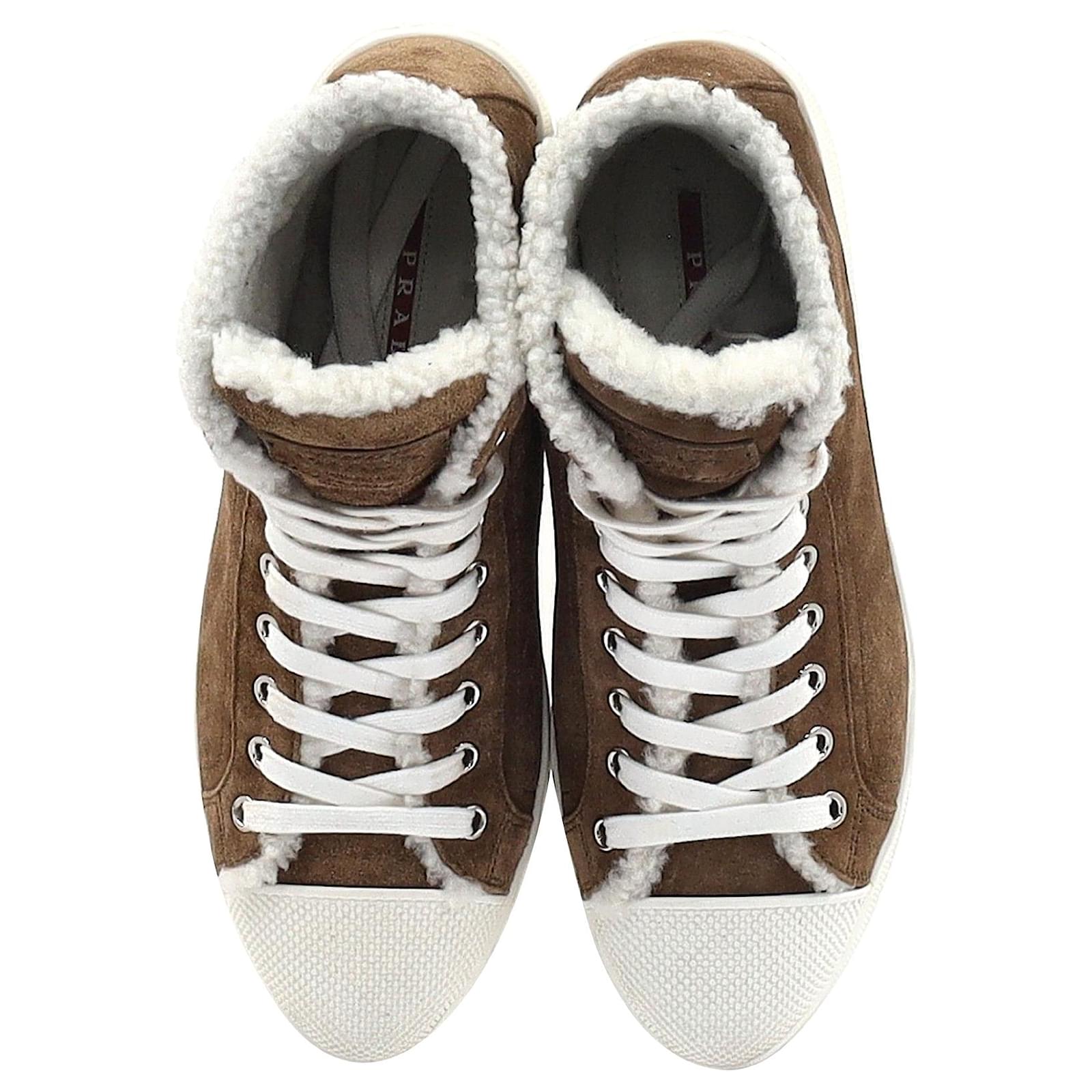 Prada Shearling Lined High Top Sneakers in Brown Suede