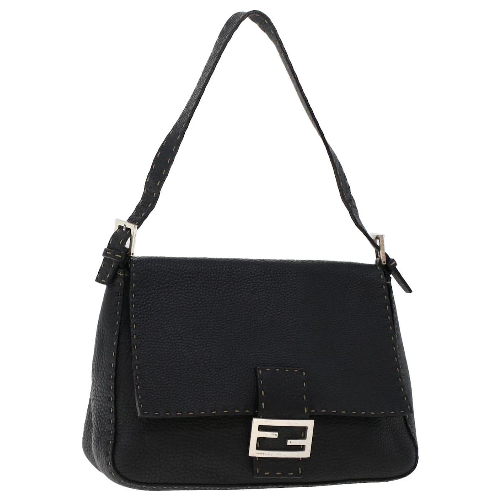 FENDI Mamma Baguette Shoulder Bag Leather Black Auth fm2588