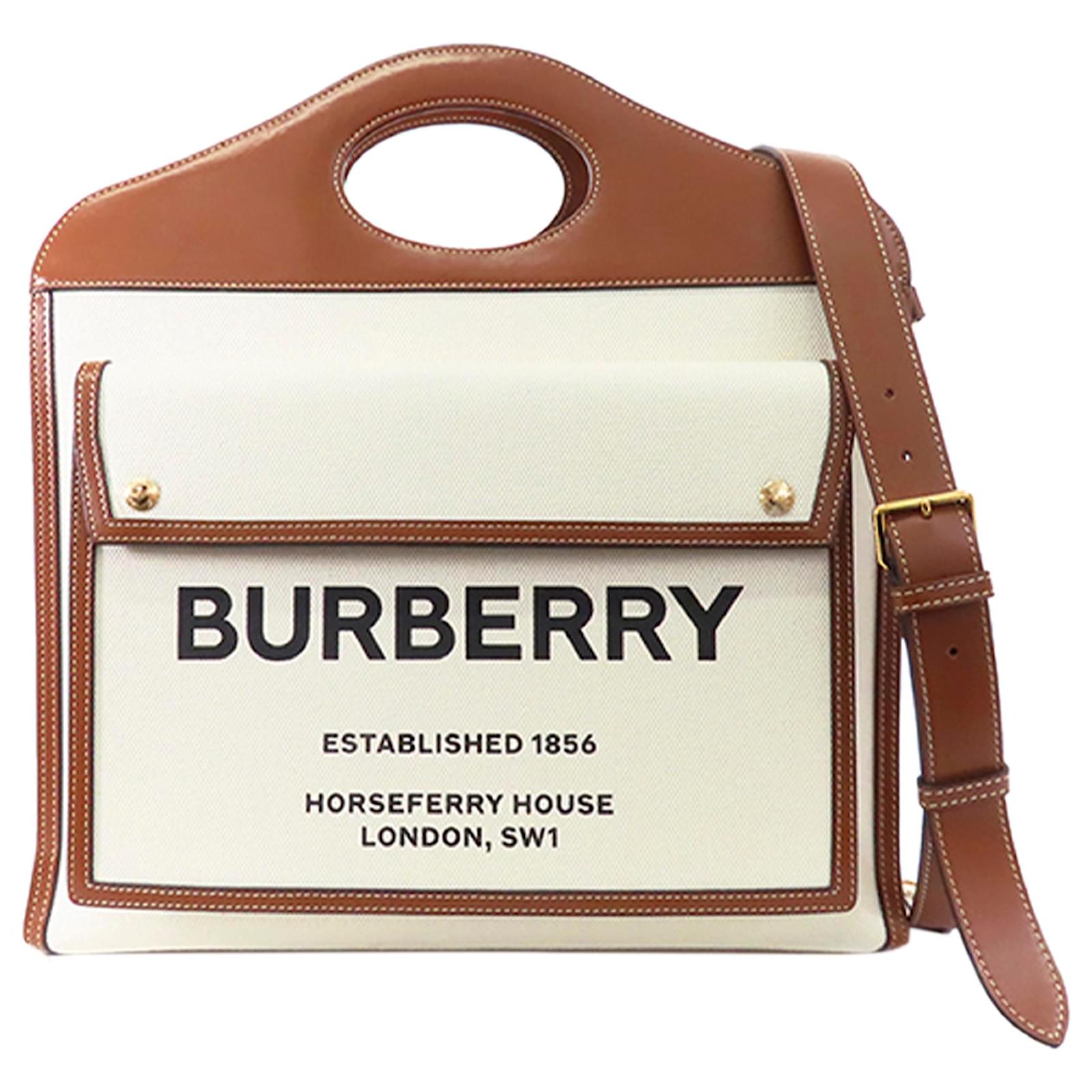 Burberry Small Pocket White And Brown Canvas And Leather Tote Bag New