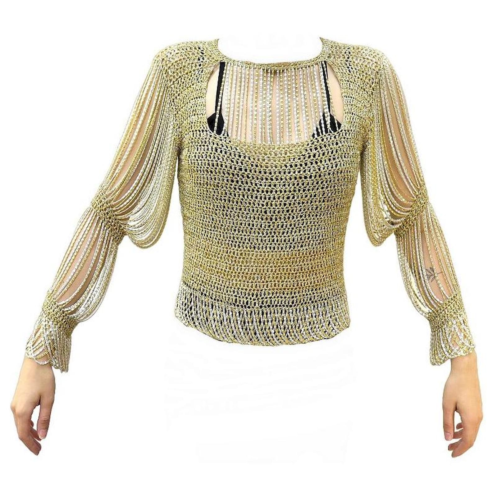 NEW VINTAGE LORIS AZZARO GOLD CROCHET CHAIN FRINGE T SHIRT M 38 GOLDEN CHAINS