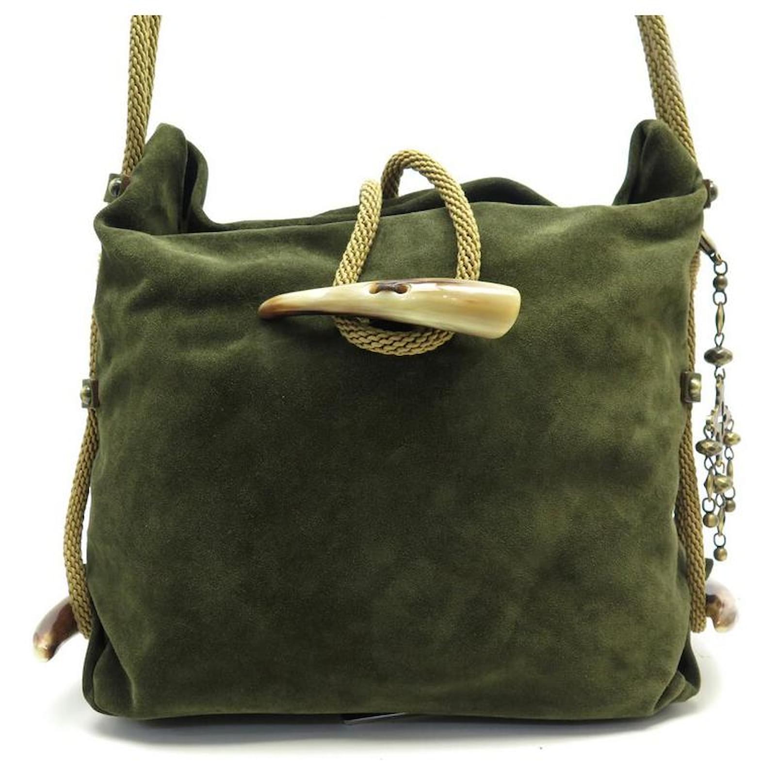 NEW GIANFRANCO FERRE HANDBAG IN GREEN SUEDE AND HORN NEW GREEN SUEDE HANDBAG