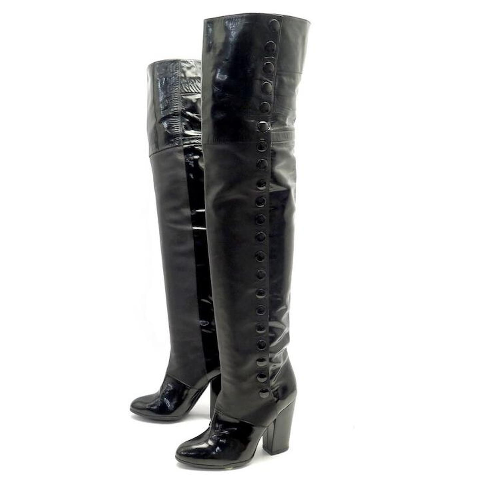 SHOES BOOTS CHANEL G26293 Thigh high boots 37 BLACK PATENT LEATHER BLACK  BOOTS ref.1033166 - Joli Closet