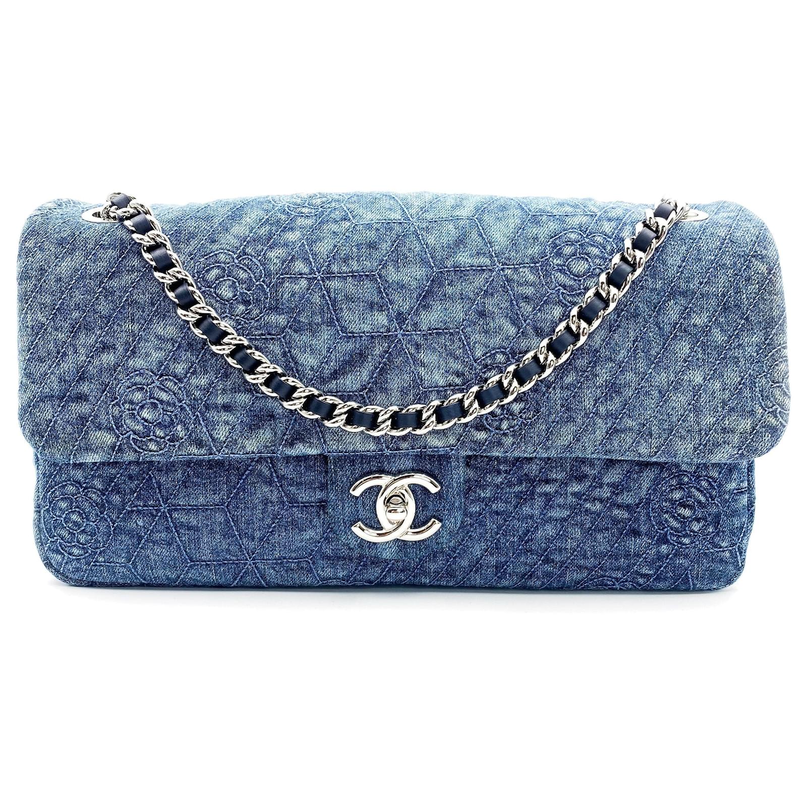 Chanel Blue Camellia Embroidered Distressed Denim Flap Bag ref.1035448 Joli Closet