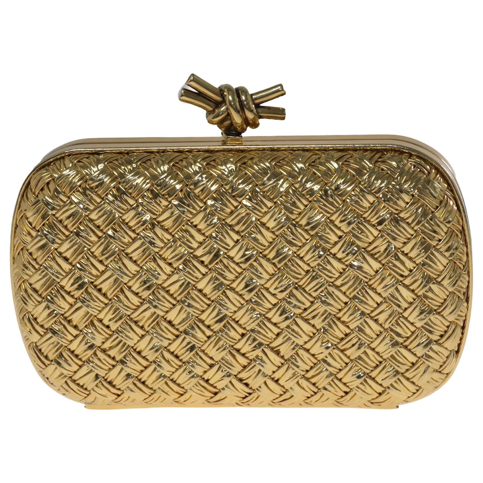 Clutch Bags Bottega Veneta Metallic Gold Knot Minaudiere Pressed Intreccio Laminated Clutch