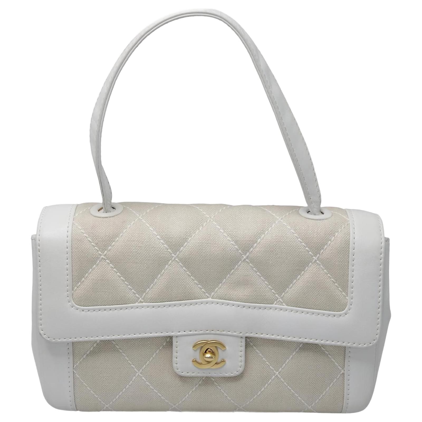 Chanel Beige/White Wild Stitch Surpique Top Handle Flap Bag