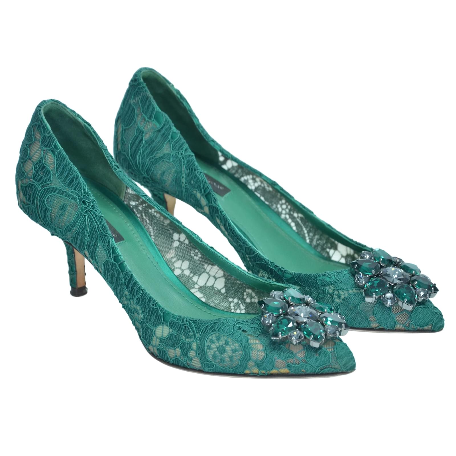 Dolce Gabbana Green Lace Bellucci Crystal Embellished Pumps