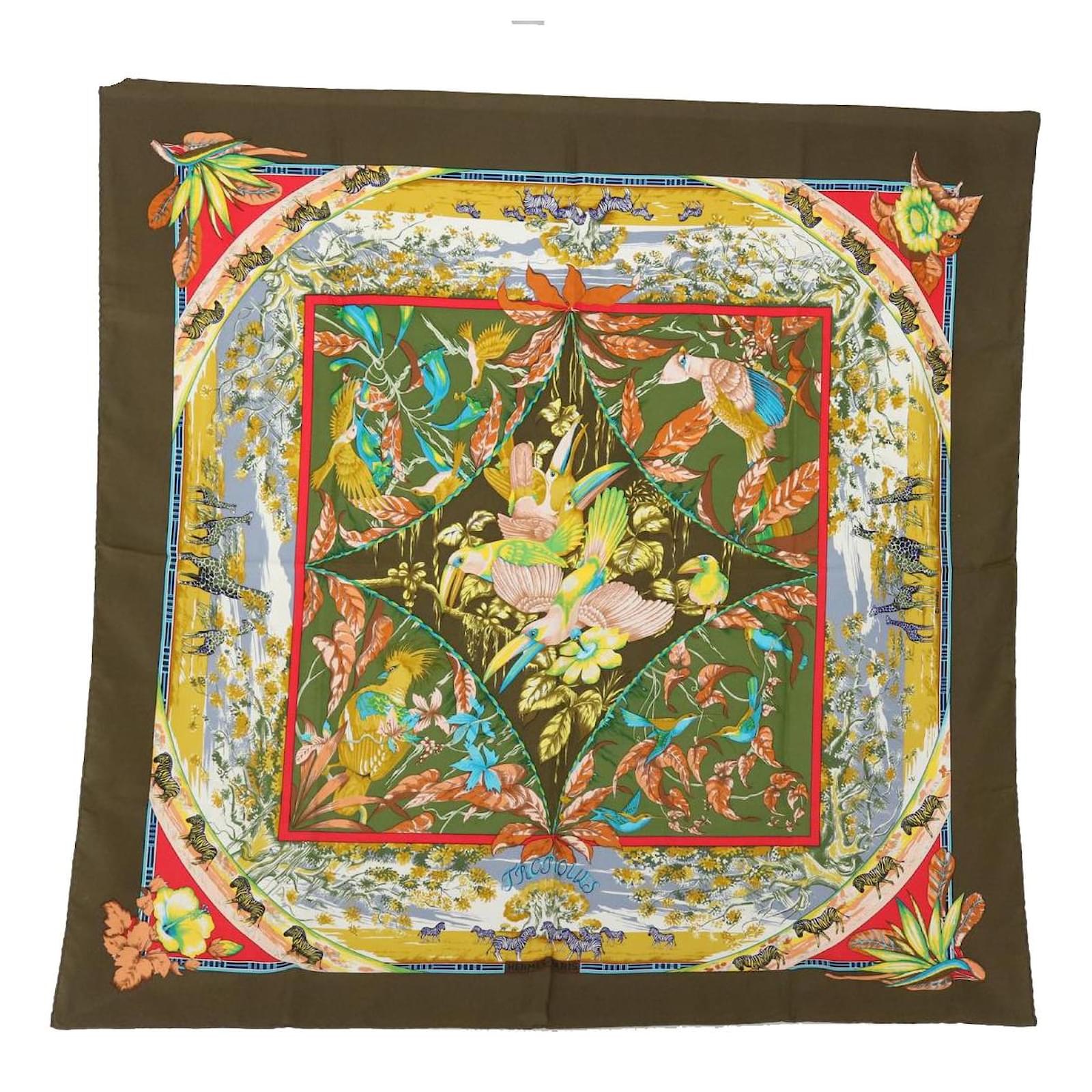 Hermès HERMES CARRE 90 TROPIQUES Scarf Silk Khaki Brown Auth 51102 ref ...