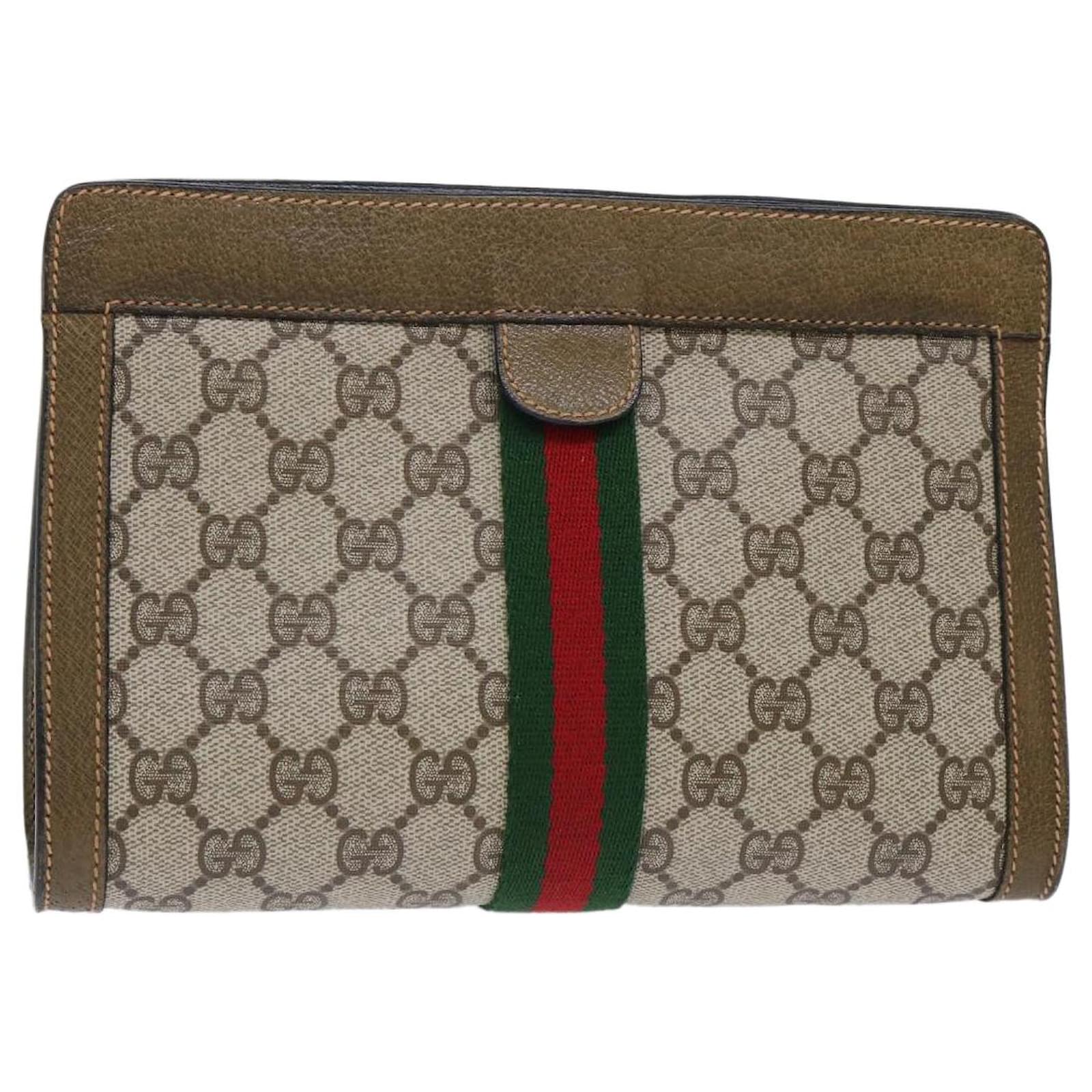 GUCCI GG Canvas Web Sherry Line Clutch Bag PVC Leather Beige Red Auth ...