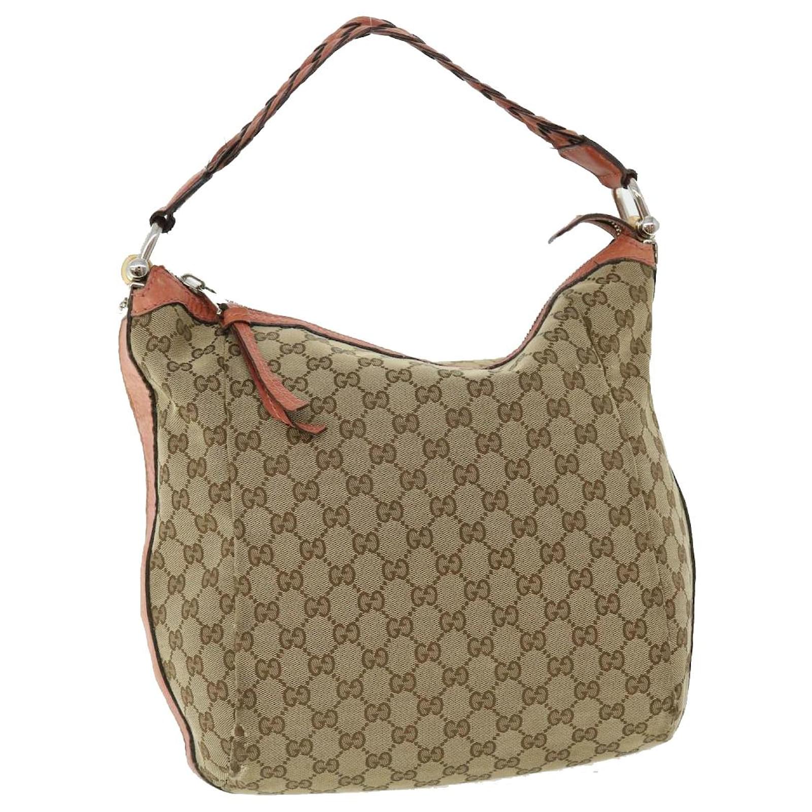 GUCCI GG Canvas Bamboo Shoulder Bag Leather Beige Pink 257090 002058 ...