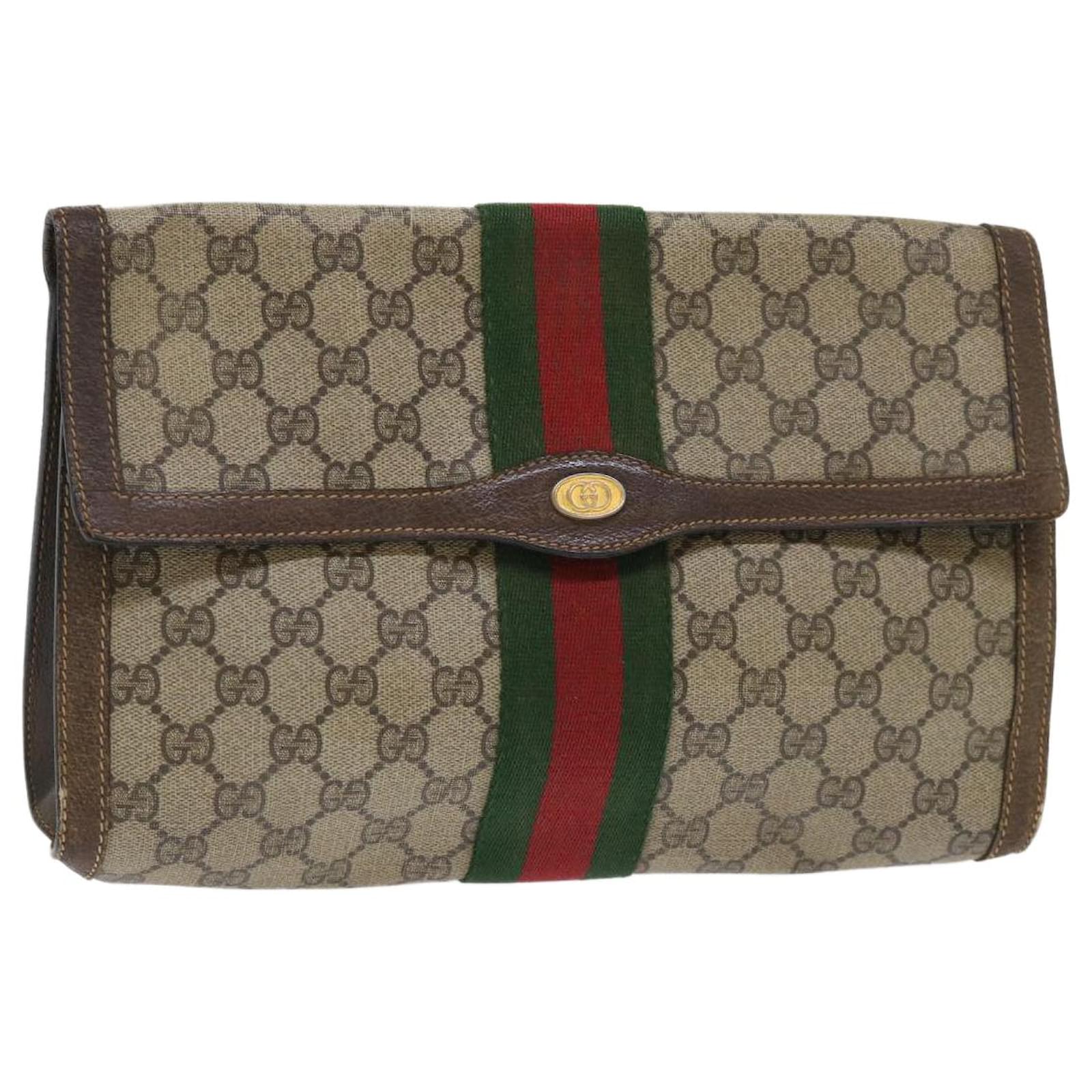 GUCCI GG Canvas Web Sherry Line Clutch Bag PVC Leather Beige Red Auth ...