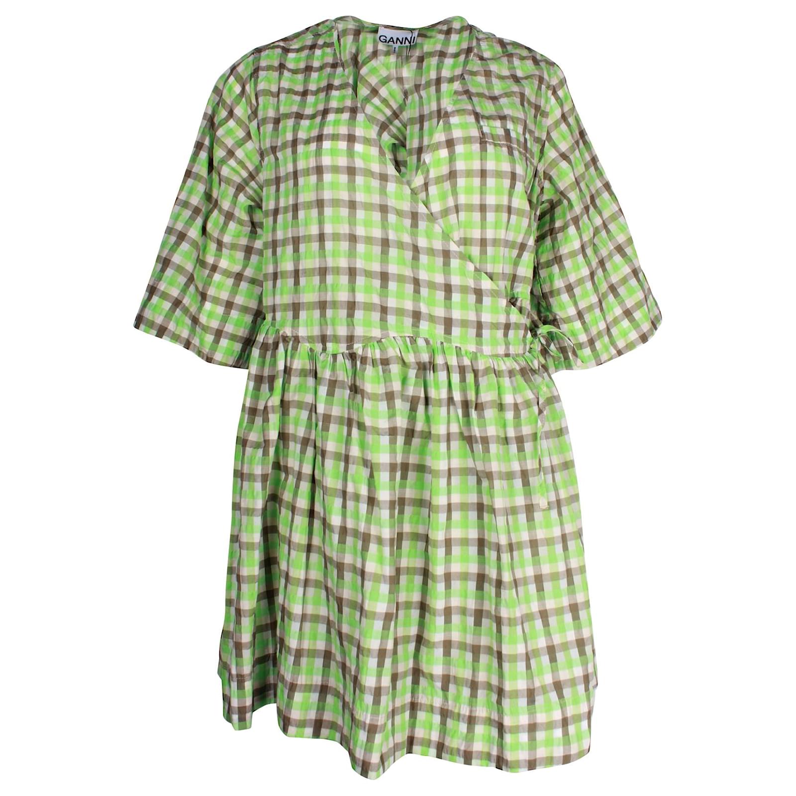 Ganni Checked Seersucker Wrap Dress in Green Organic Cotton ref