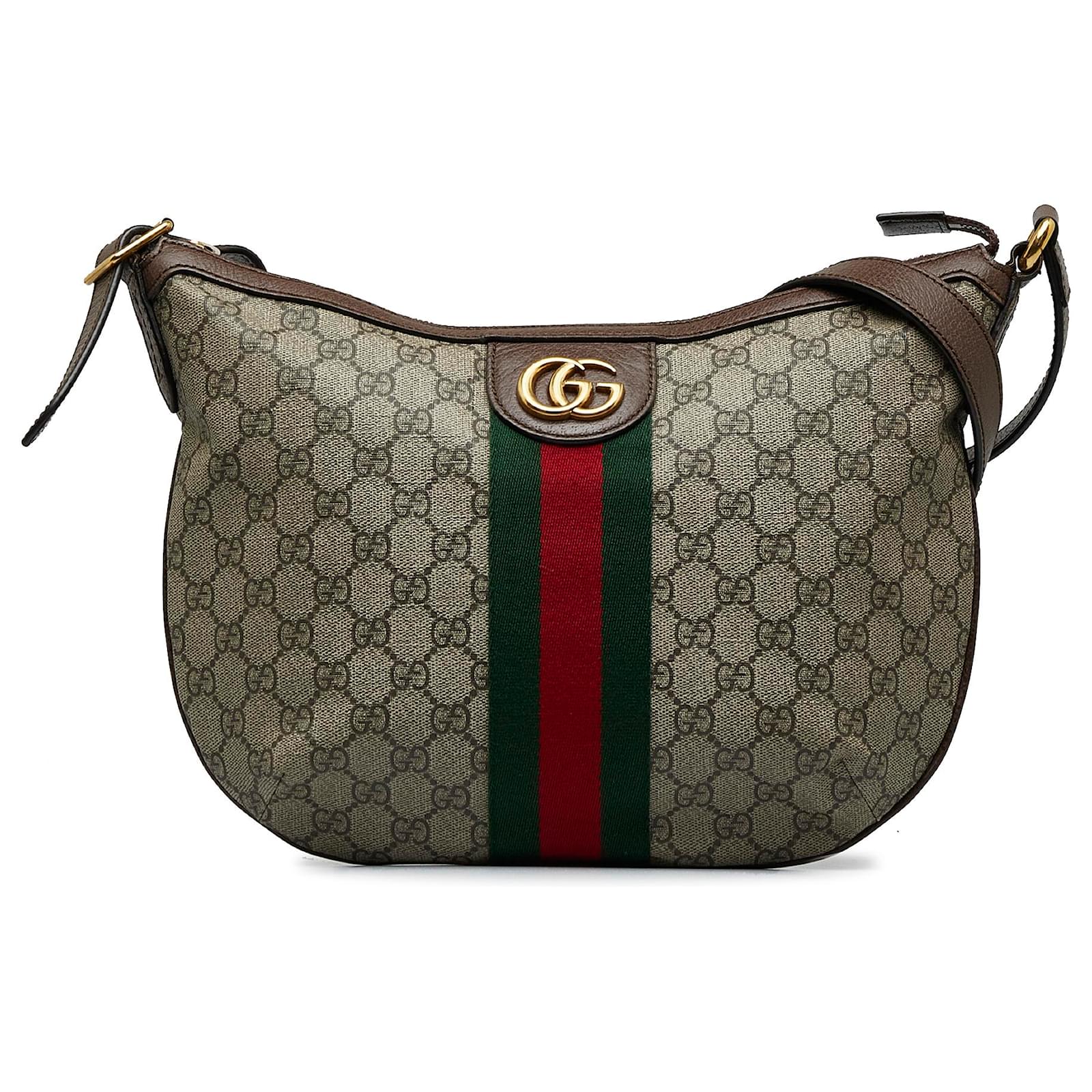 Brown Gucci GG Supreme Web Ophidia Half Moon Crossbody Bag