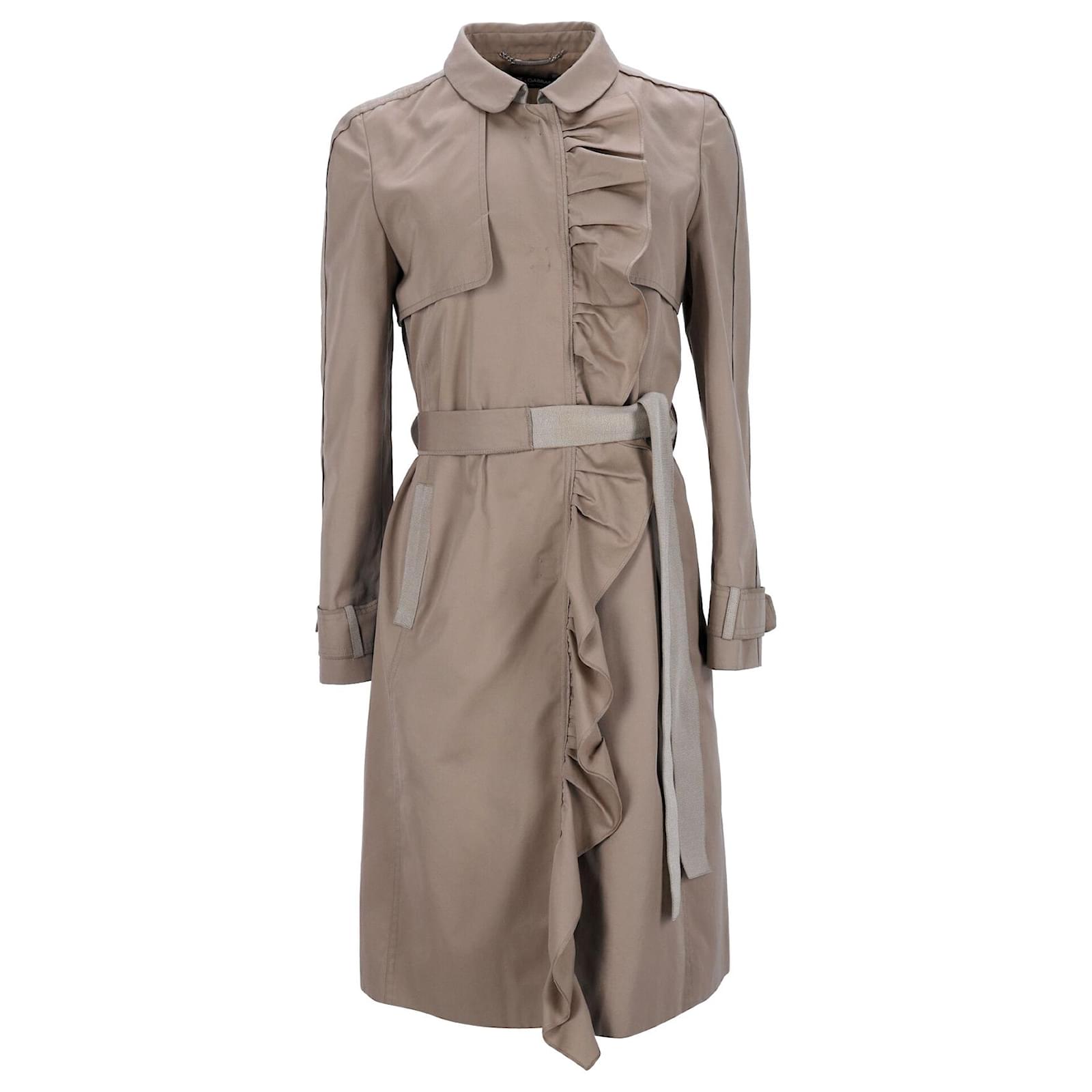 Dolce Gabbana Ruffled Belted Trench Coat in Beige Cotton ref