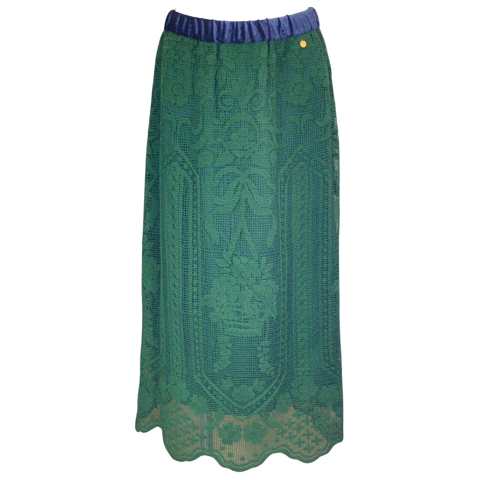 Muveil Green / Blue Velvet Trimmed Lace Midi Skirt