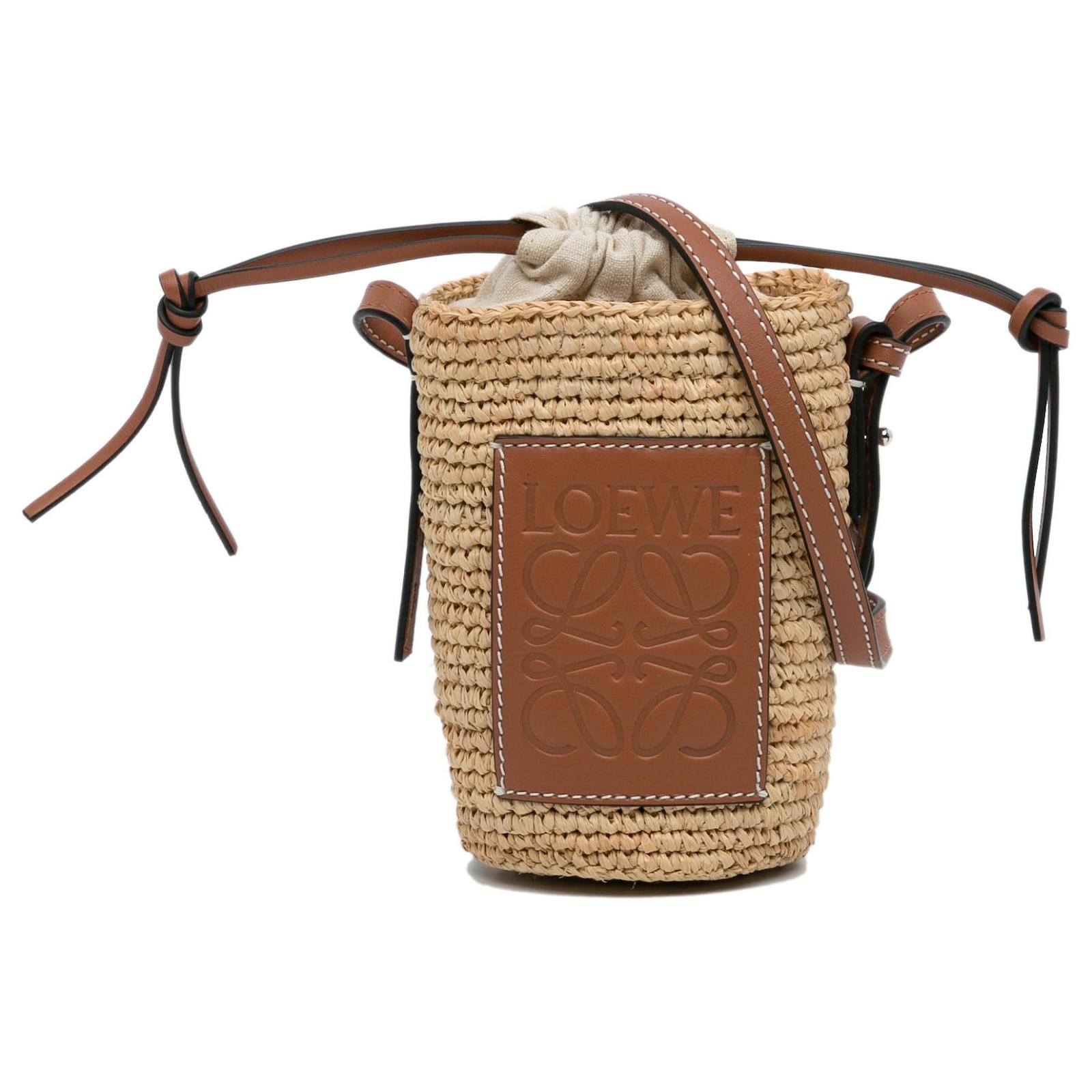 Loewe Beige/Brown Woven Raffia and Leather Cylinder Pocket Crossbody Bag  Loewe