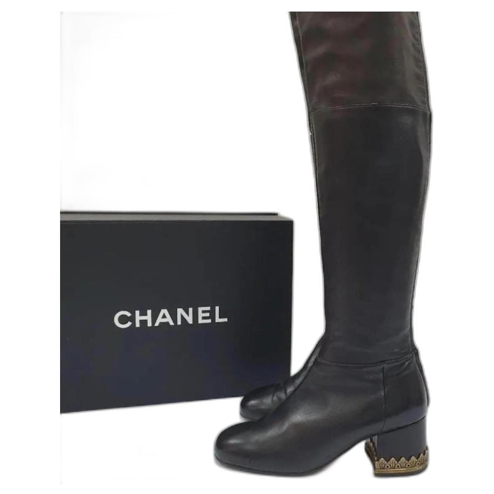 Boots Chanel Chanel Black Leather Thigh High Over The Knee Boots Size 38 FR